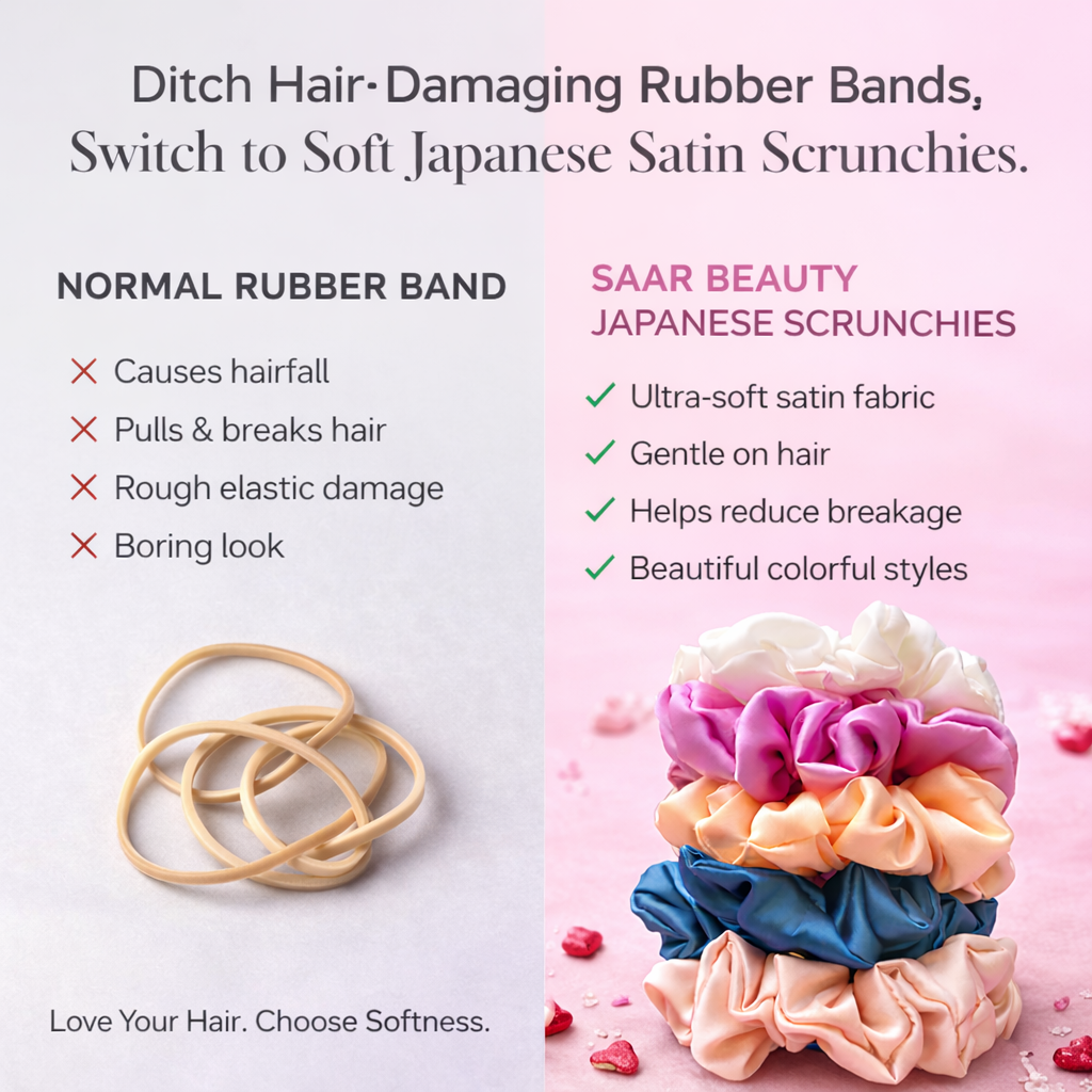 Comparison of normal rubber bands and Saar Beauty Japanese satin scrunchies with text highlighting benefits. Saar Beauty Japanese satin scrunchies set of 5 soft silk hair ties