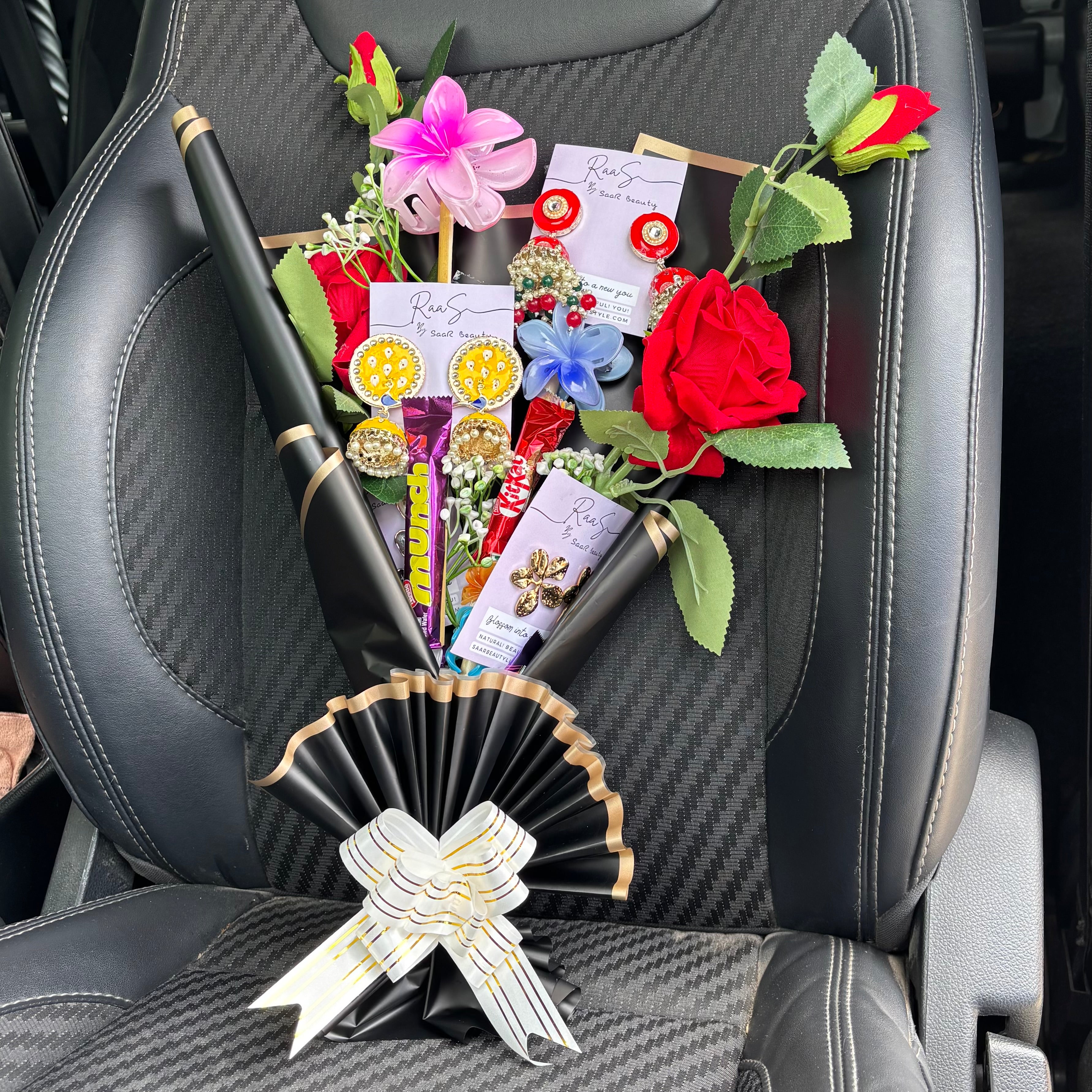 Jewelry & Hair Accessory Surprise Bouquet with Jhumkas, Western Earrings, Hair Clutchers, Artificial Roses & Chocolates – Perfect Gift for Women