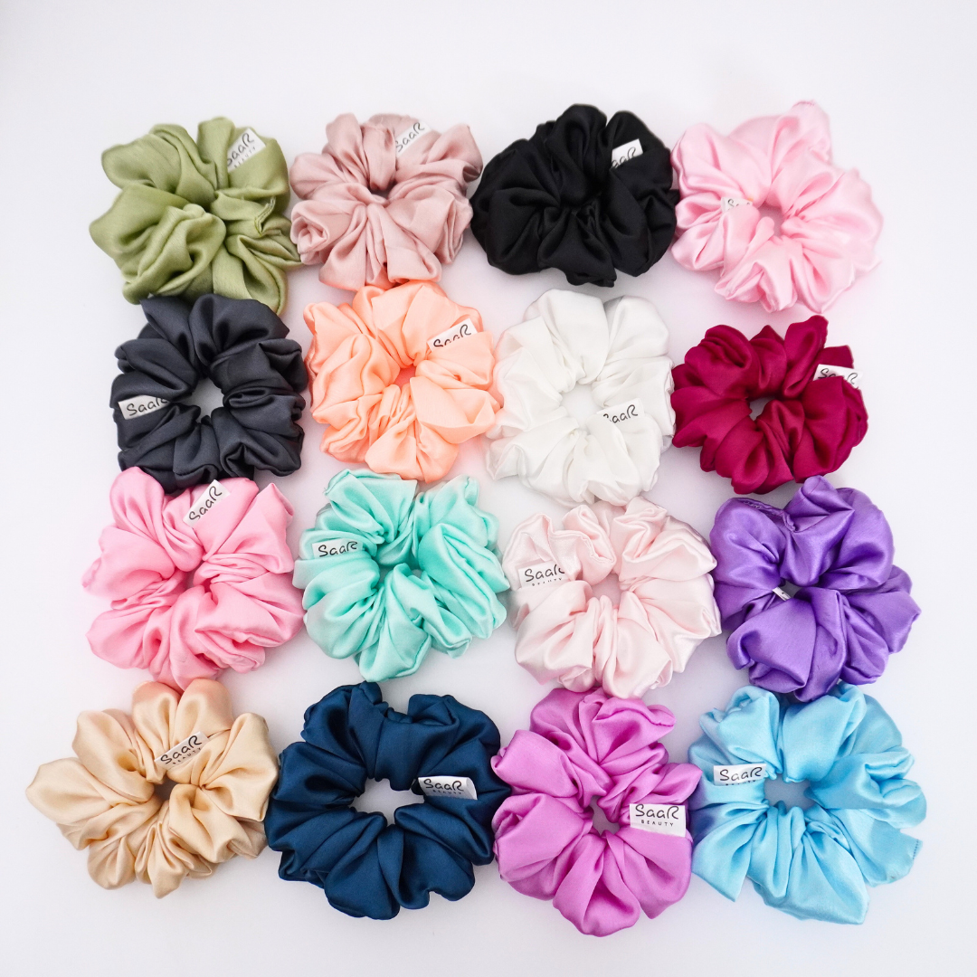 Japanese Silk Satin Scrunchie Combo with Hair Tight Saar Beauty Pouch – Perfect Hair Accessory Gift