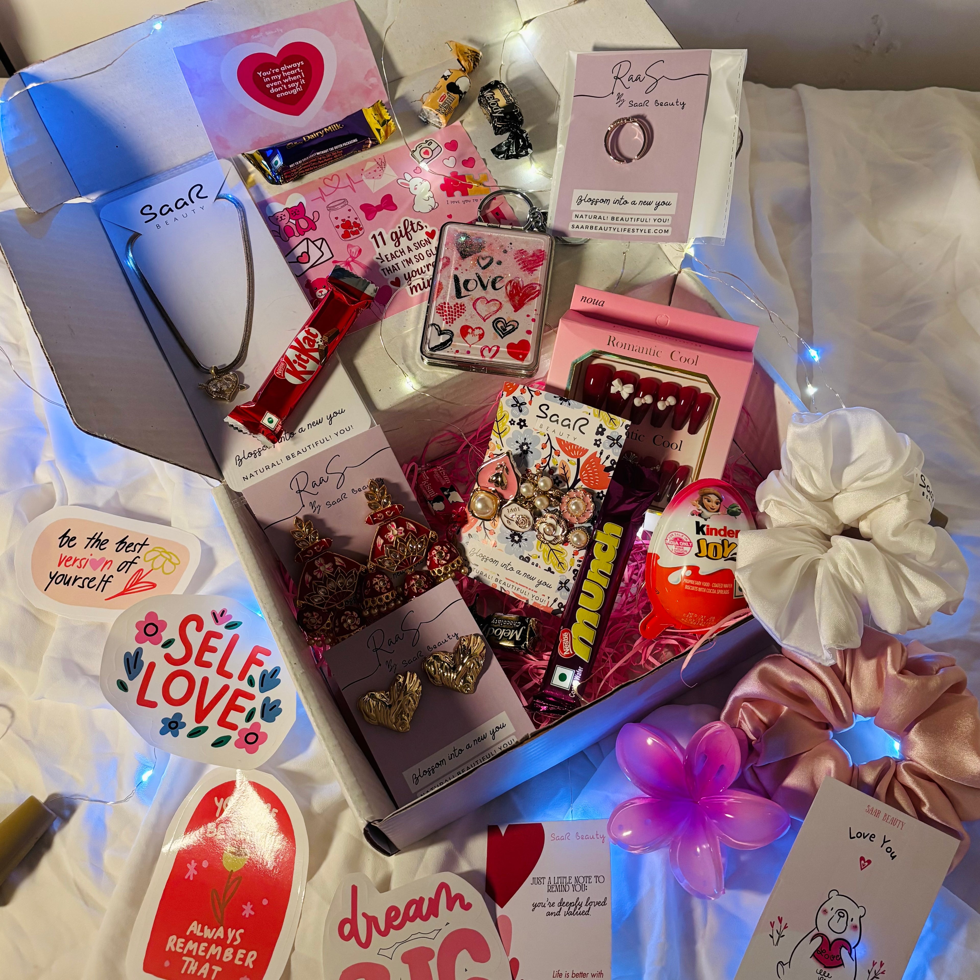 Luxury Pinterest-style self love hamper with fairy lights, chocolates, scrunchies, jewelry, and surprise gifts for girls & women – SaaR Beauty