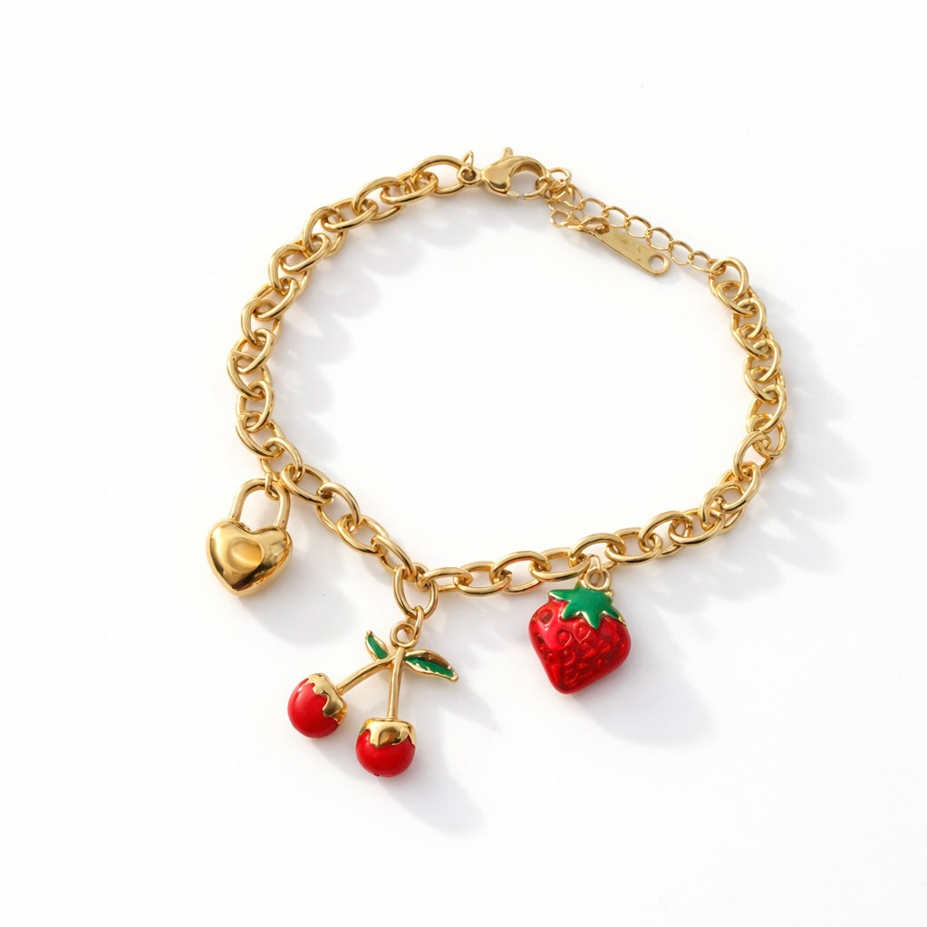 Cherry & Strawberry Charm Bracelet – Anti-Tarnish Waterproof Gold Bracelet SaaR Beauty