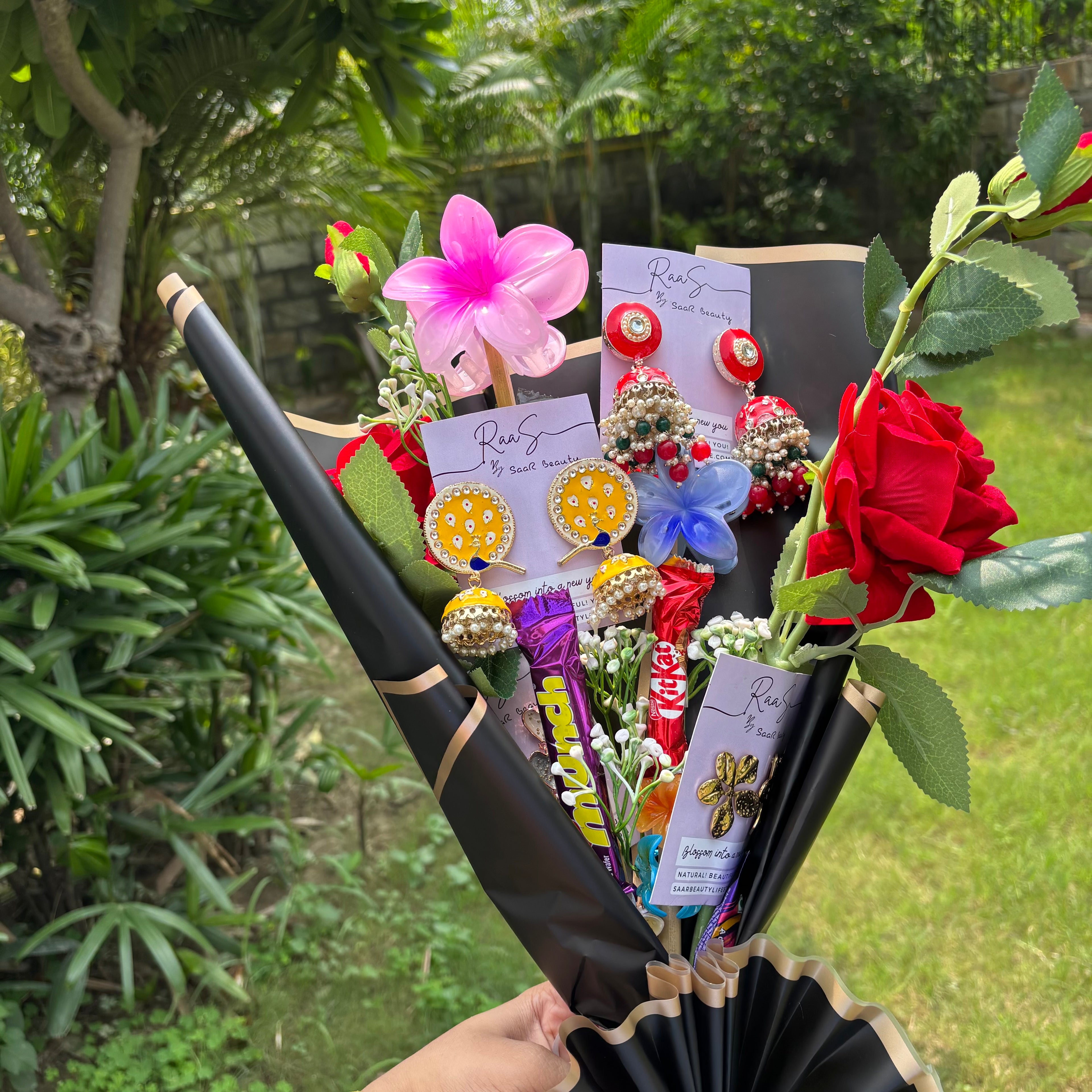 Jewelry & Hair Accessory Surprise Bouquet with Jhumkas, Western Earrings, Hair Clutchers, Artificial Roses & Chocolates – Perfect Gift for Women