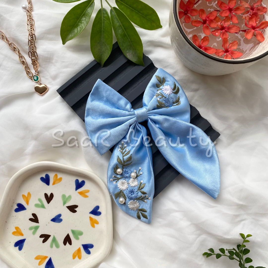 Blue Silk Hair Bow for Women – Luxury Embroidered Hair Accessory