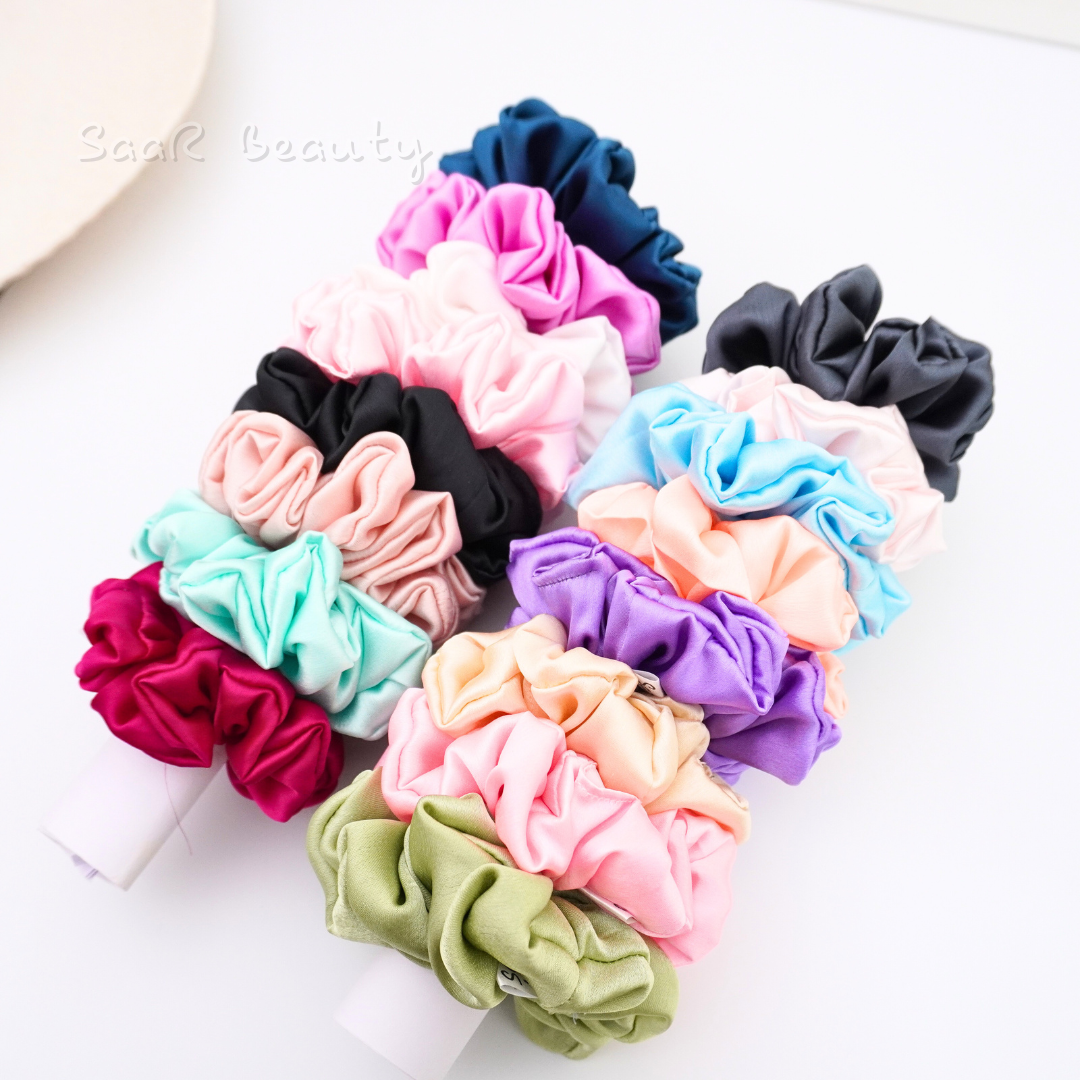 16 colorful Japanese satin silk scrunchies by Saar Beauty with airtight pouch – soft, gentle hair accessories for thick or thin hair, women & girls