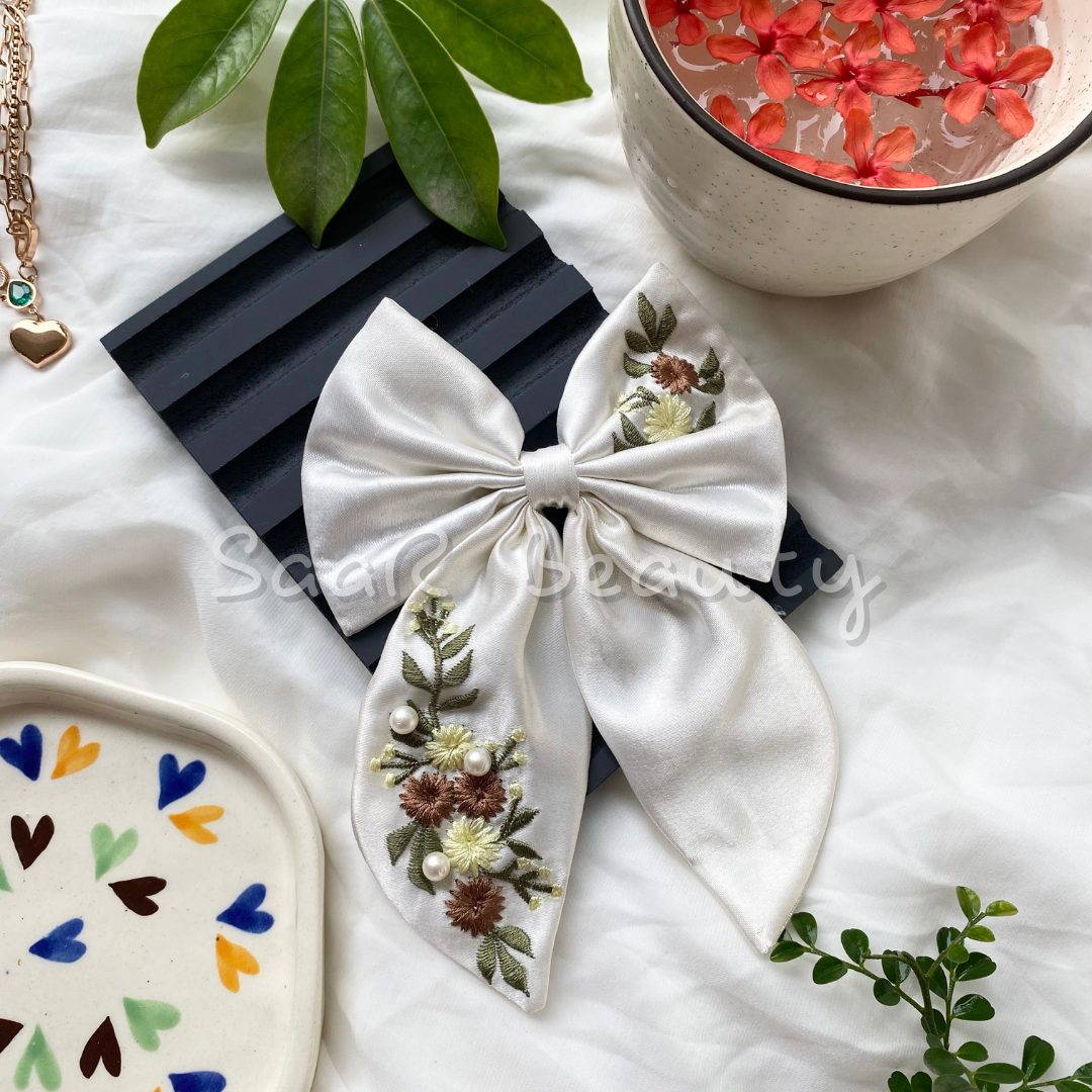White Satin Hair Clip β Handcrafted Bow with Pearl Detailing