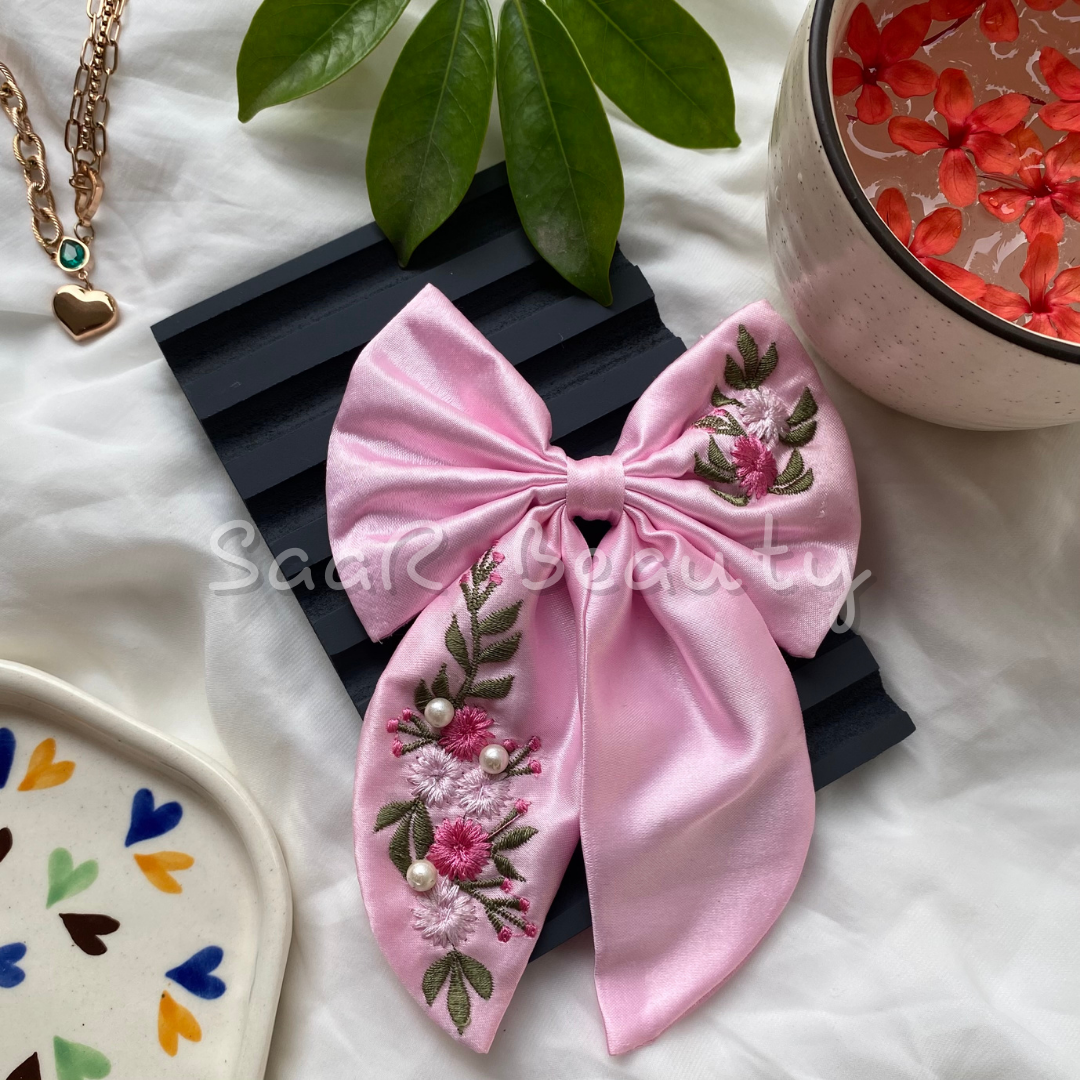 Pink Satin Bow Hair Clip – Floral Embroidery with Pearls – Saar Beauty