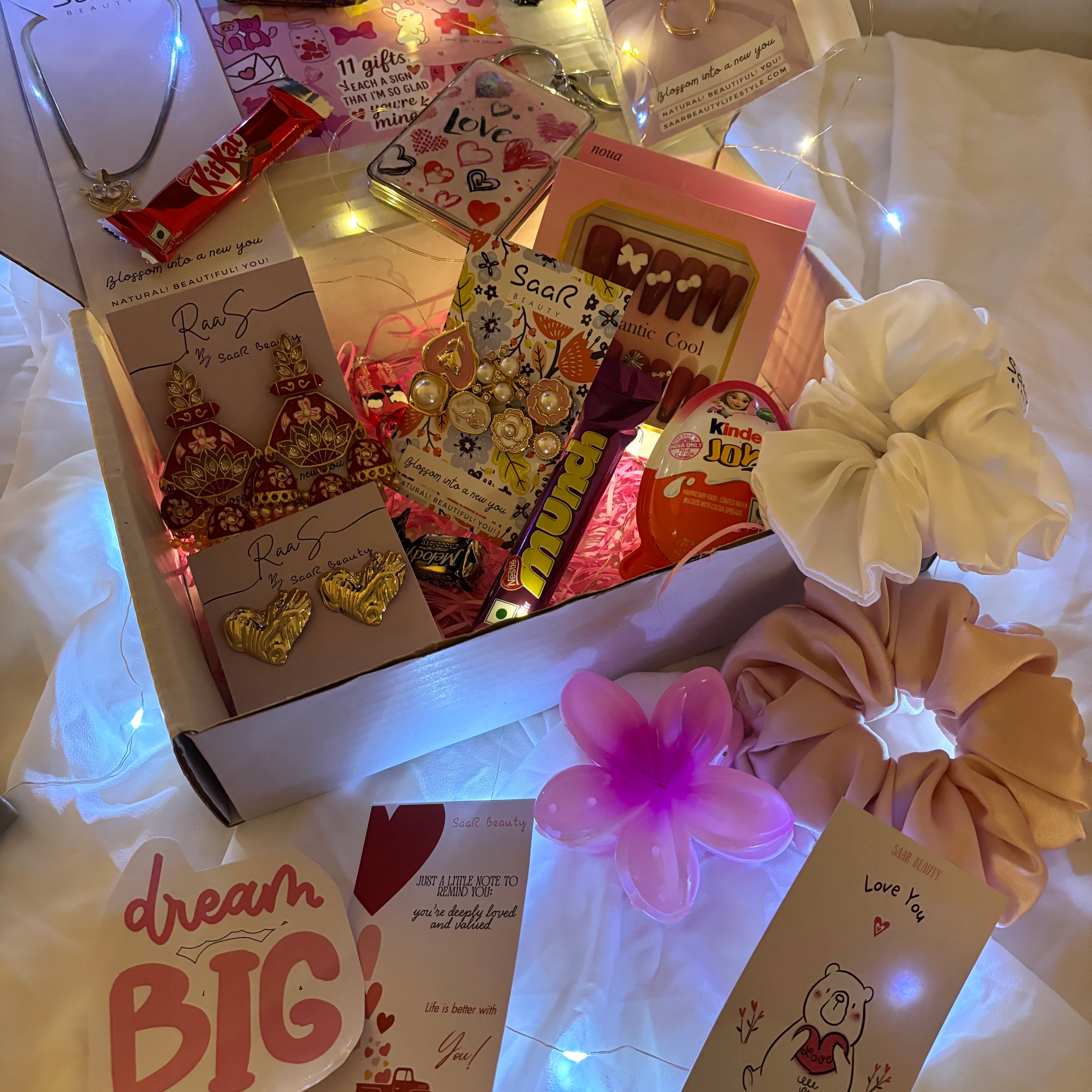 Luxury Pinterest-style self love hamper with fairy lights, chocolates, scrunchies, jewelry, and surprise gifts for girls & women – SaaR Beauty