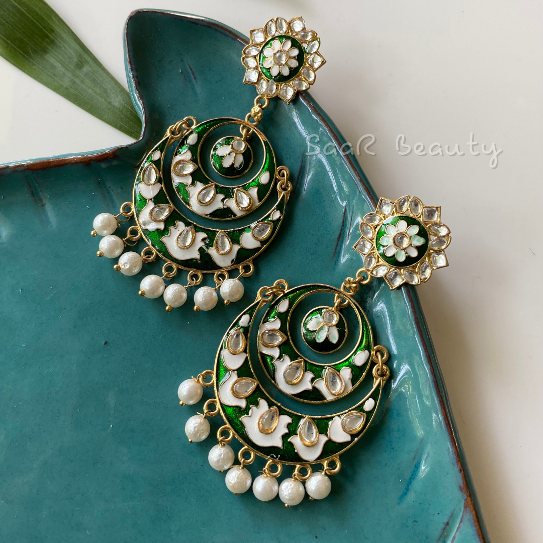 MEENAKARI DO CHAND BALIYA EARRINGS GREEN SAAR BEAUTY