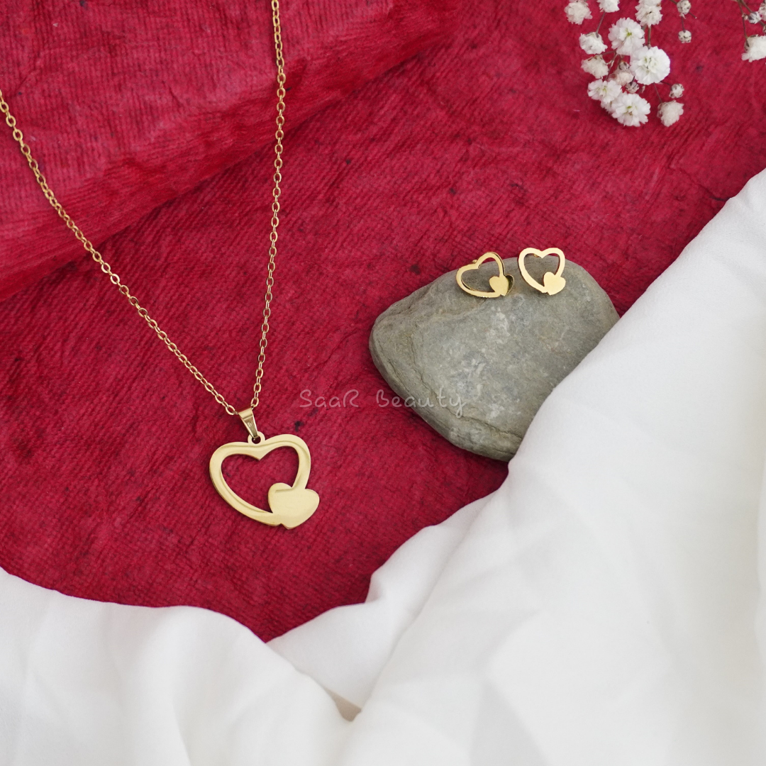 Elegant Heart Dual Jewelry Set: Waterproof Necklace & Earrings for Women