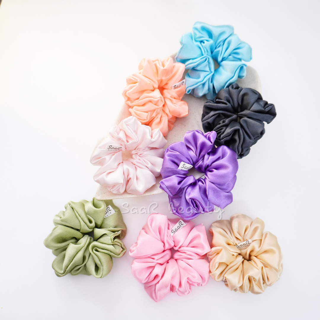 Japanese Silk Satin Scrunchie Combo with Hair Tight Saar Beauty Pouch – Perfect Hair Accessory Gift