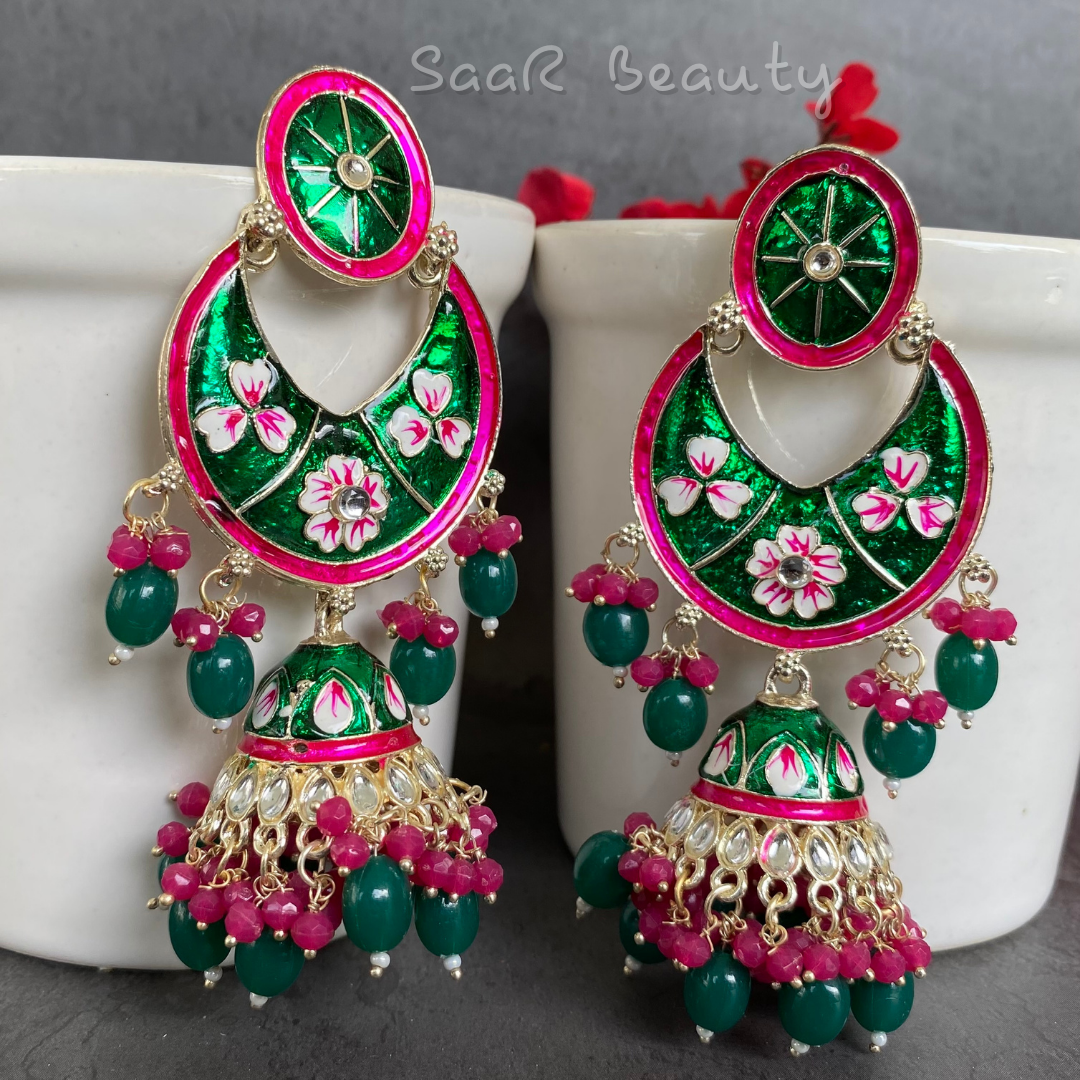 MEENAKARI RAAS PRIYA LARGE JHUMKA - BRIGHT GREEN