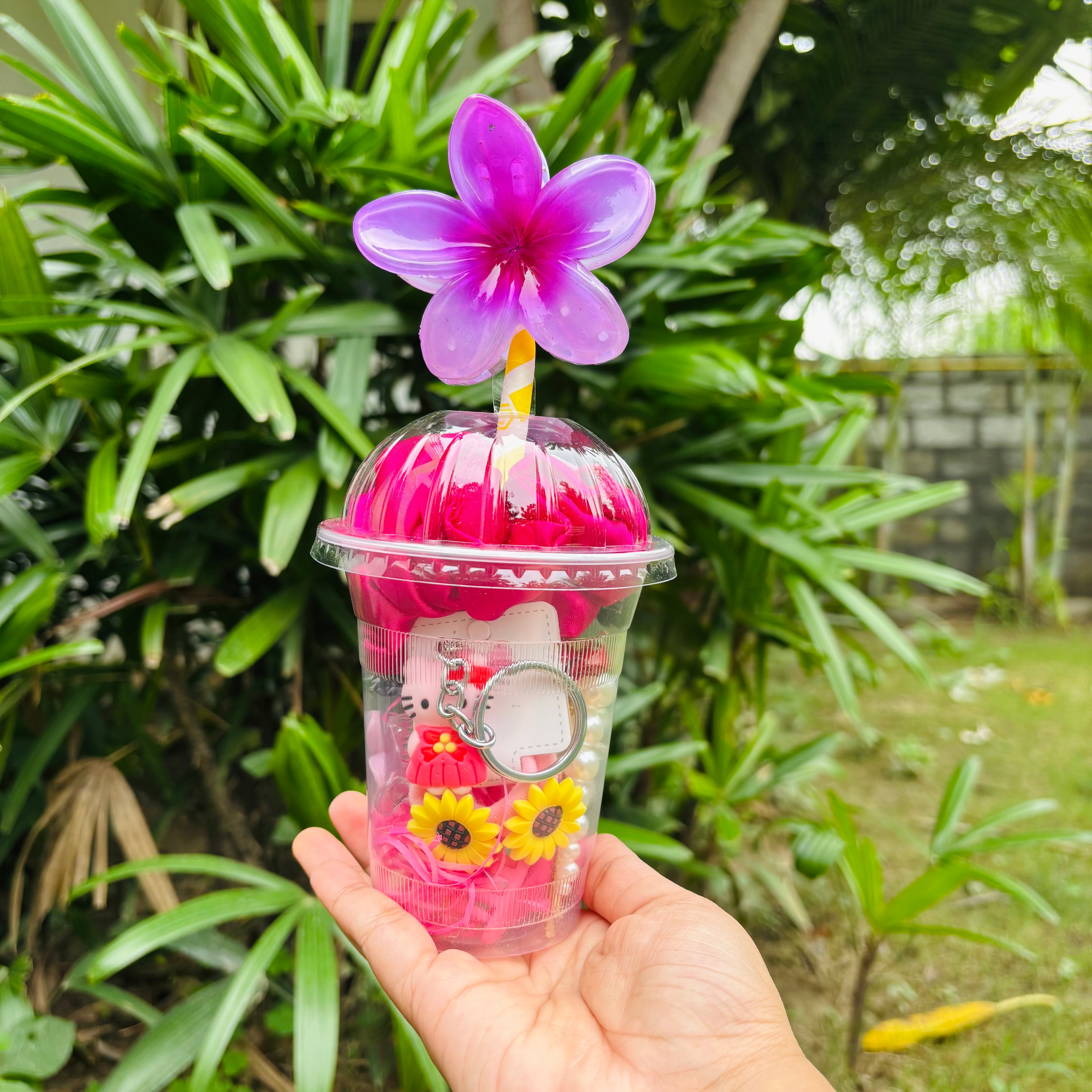 Pinterest inspired cute gift hamper in a cup with flower topper – includes claw clip, scrunchie, hair clips, chocolates, bracelet, and keychain – Saar Beauty