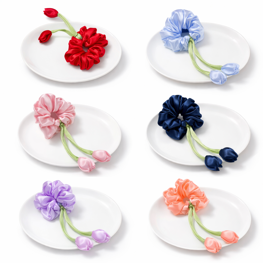 Saar Beauty tulip scrunchies for women soft satin floral hair accessory