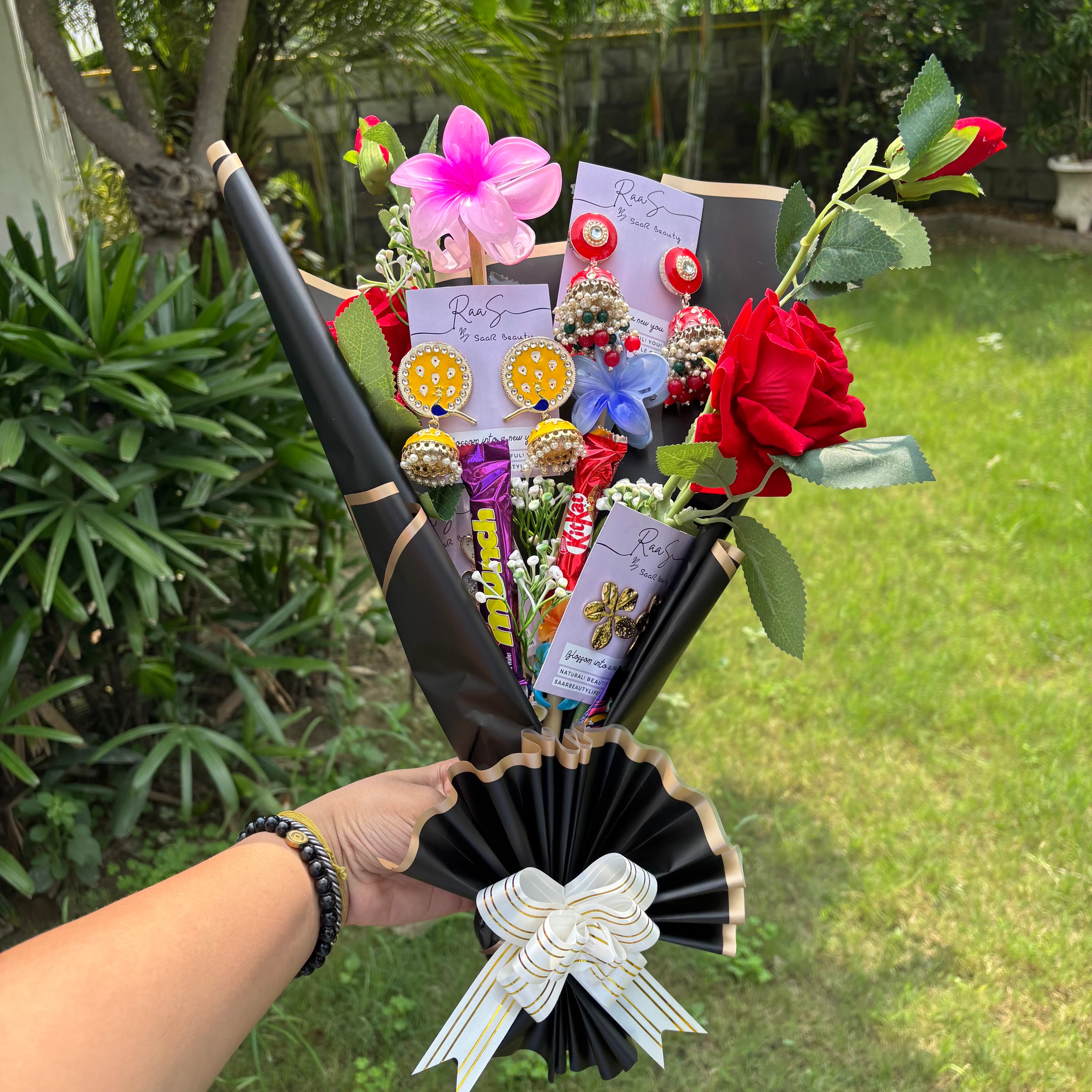 Jewelry & Hair Accessory Surprise Bouquet with Jhumkas, Western Earrings, Hair Clutchers, Artificial Roses & Chocolates – Perfect Gift for Women