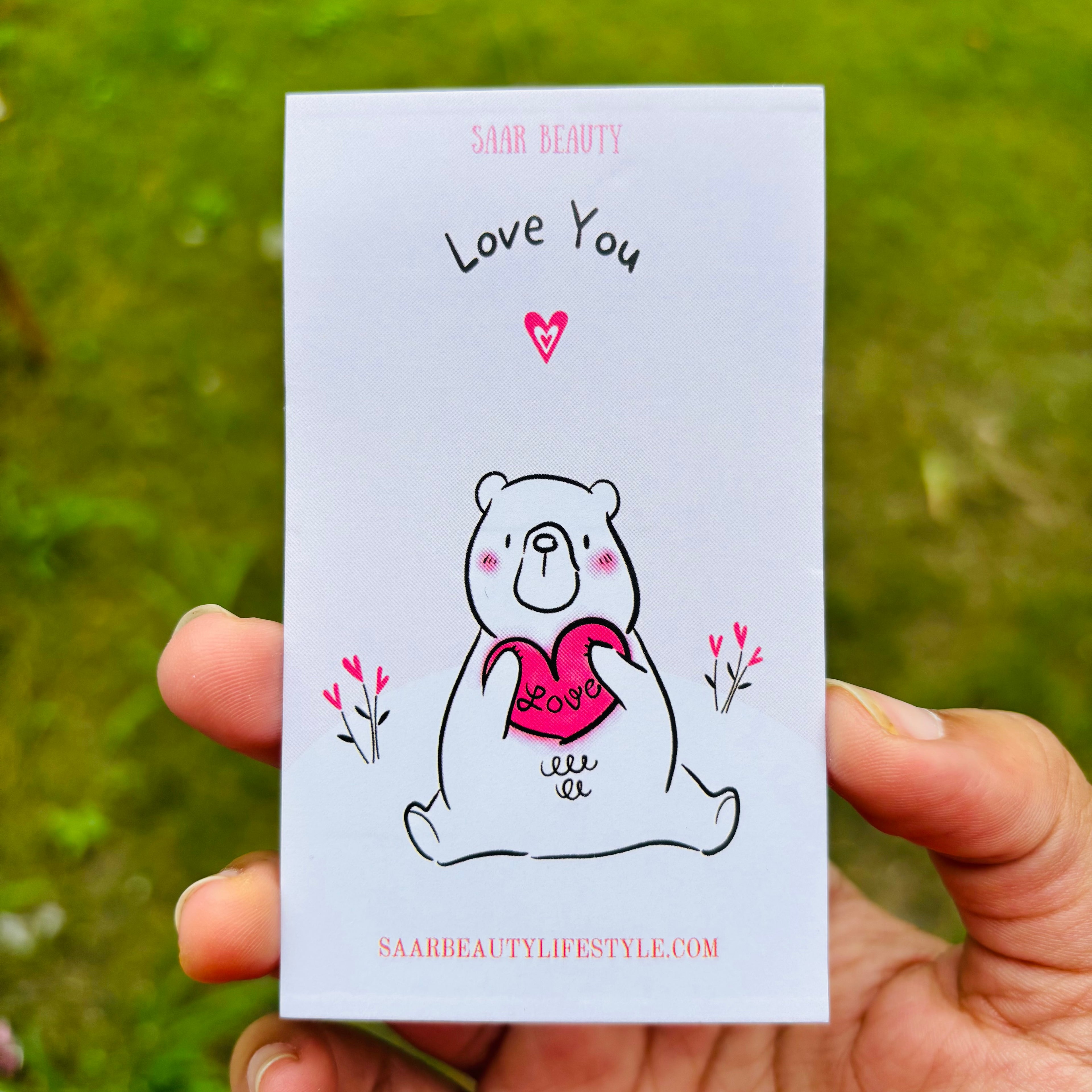 Cute pastel Love You Bear card – Saar Beauty greeting card add-on for hampers and gifts”