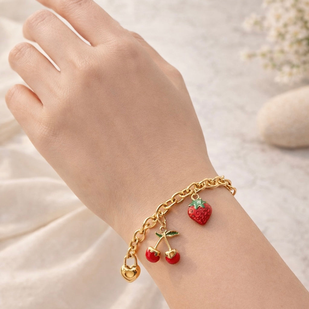 Cherry & Strawberry Charm Bracelet – Anti-Tarnish Waterproof Gold Bracelet SaaR Beauty