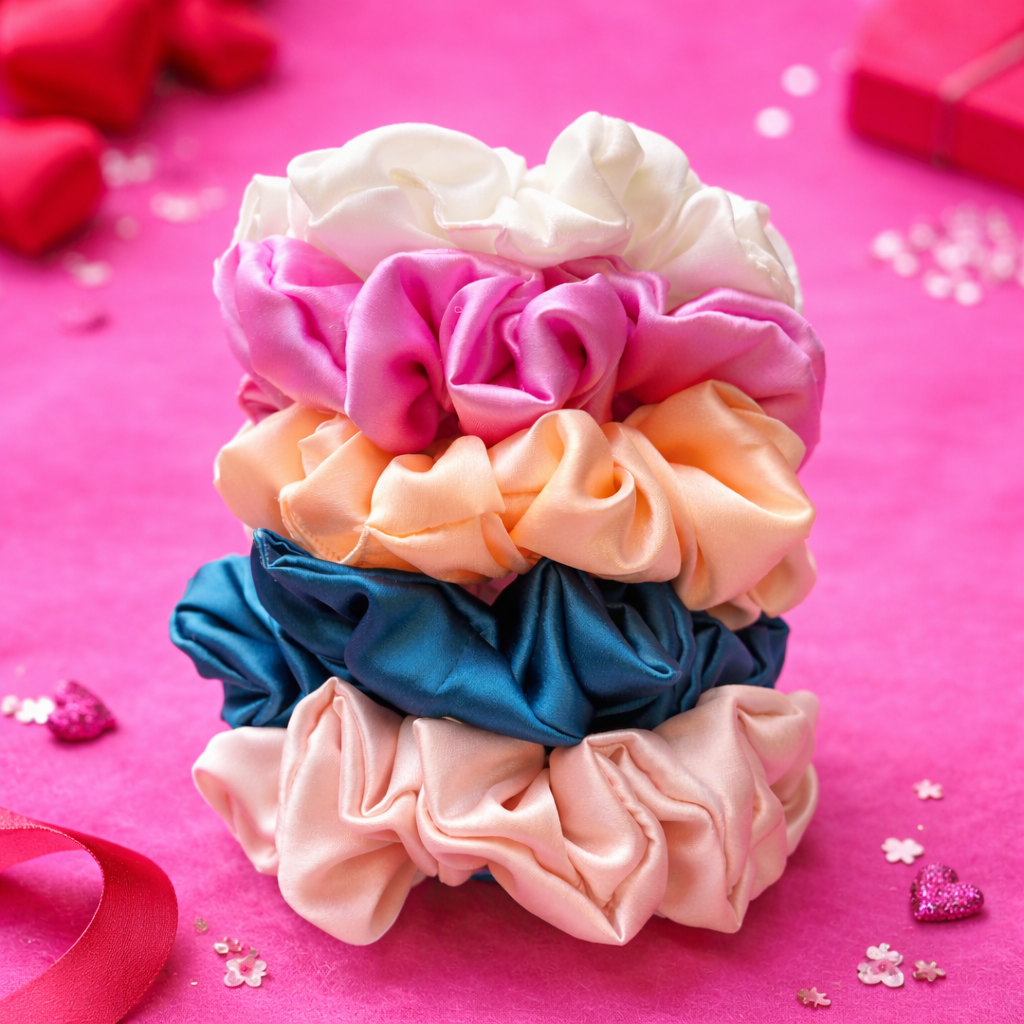 Stack of colorful scrunchies on a pink background Saar Beauty Japanese satin scrunchies set of 5 soft silk hair ties