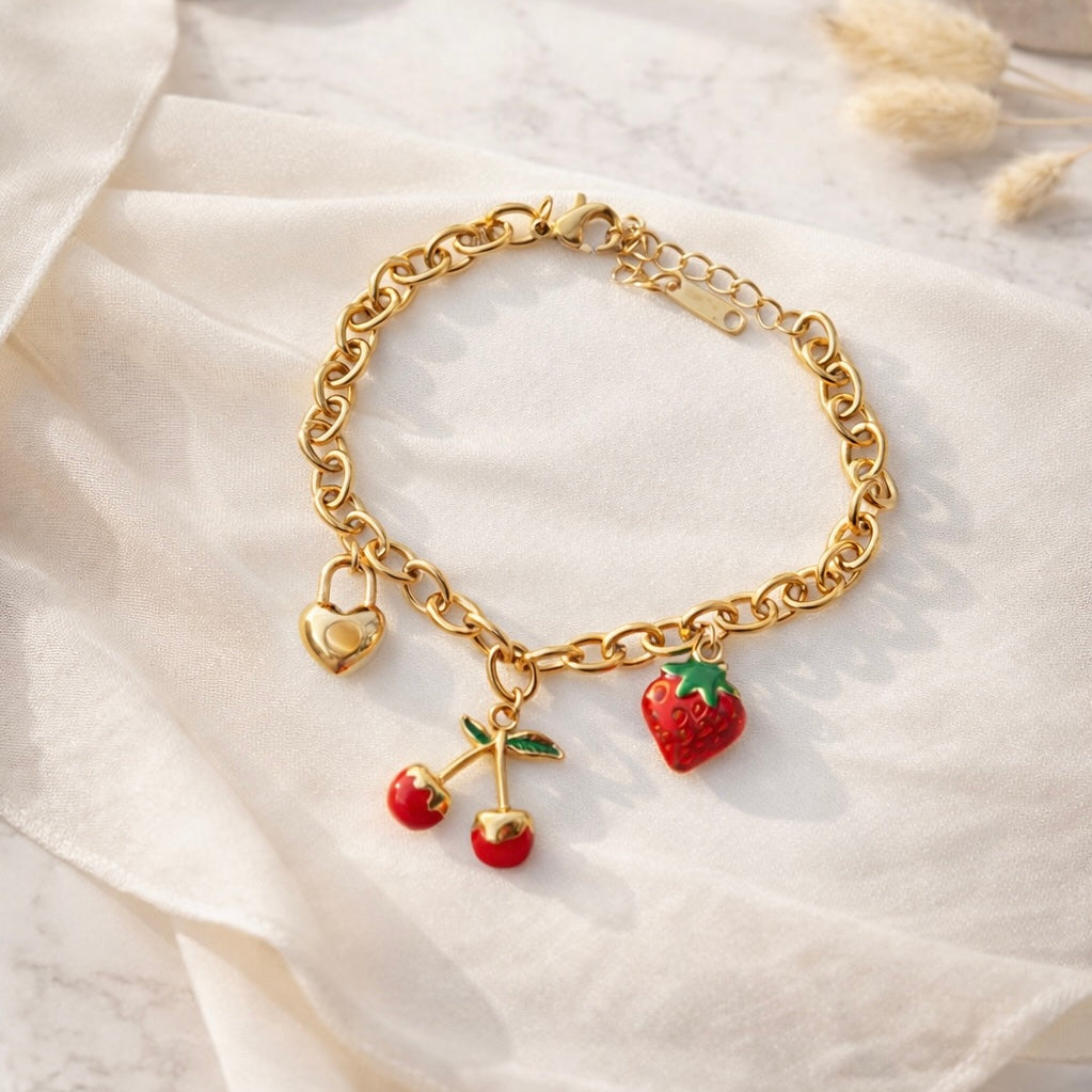 Cherry & Strawberry Charm Bracelet – Anti-Tarnish Waterproof Gold Bracelet SaaR Beauty
