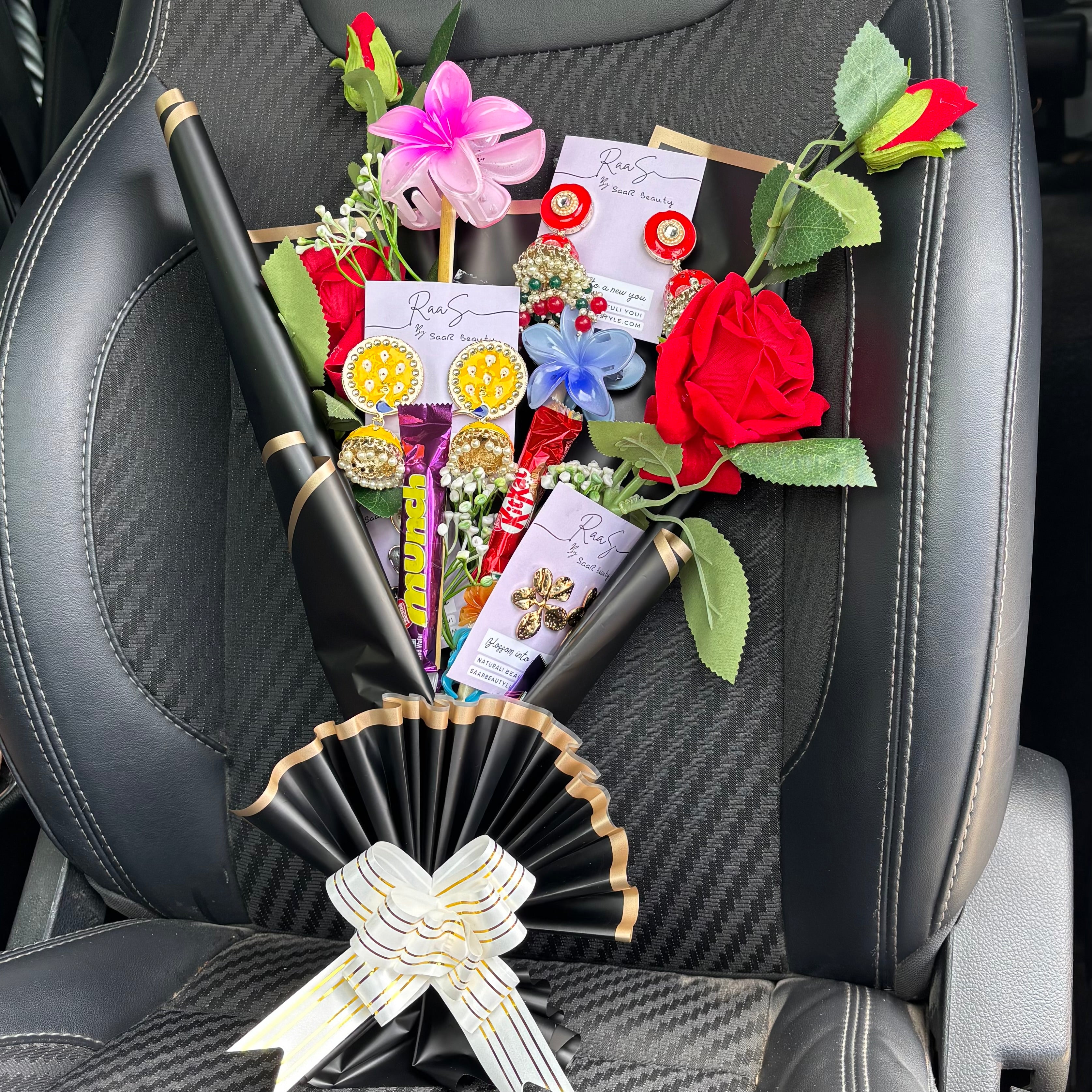 Jewelry & Hair Accessory Surprise Bouquet with Jhumkas, Western Earrings, Hair Clutchers, Artificial Roses & Chocolates – Perfect Gift for Women