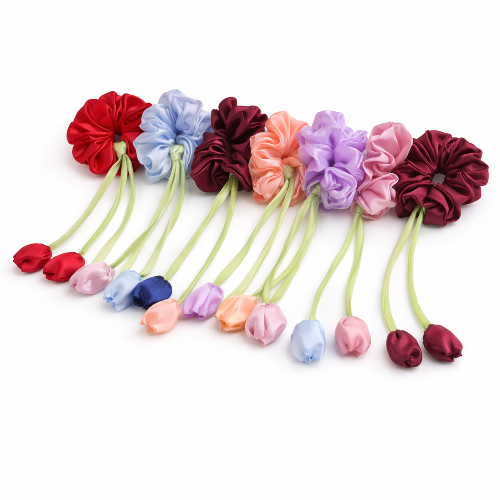 Saar Beauty tulip scrunchies for women soft satin floral hair accessory