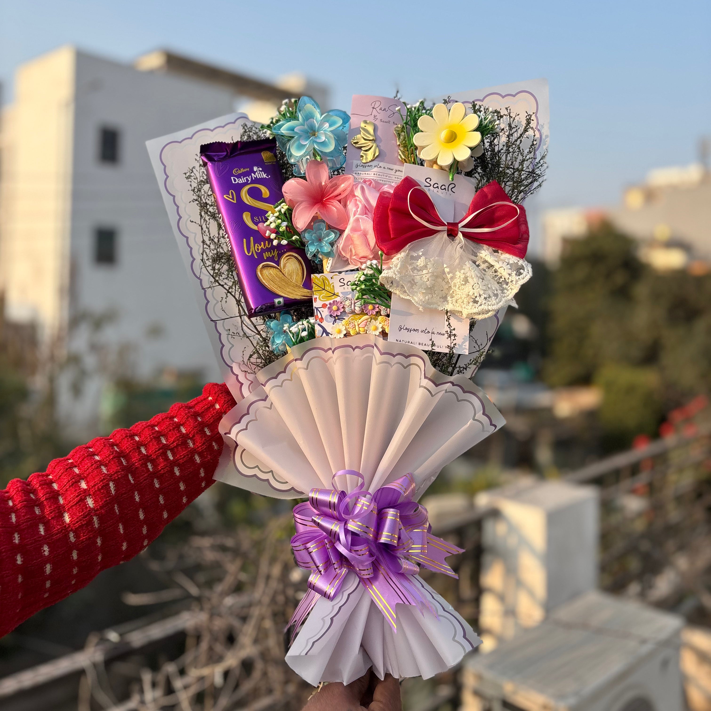 Saar Beauty Forever Bouquet Gift Hamper with Dairy Milk Love Chocolate, hair accessories and anti-tarnish earrings – perfect gift for women and girls