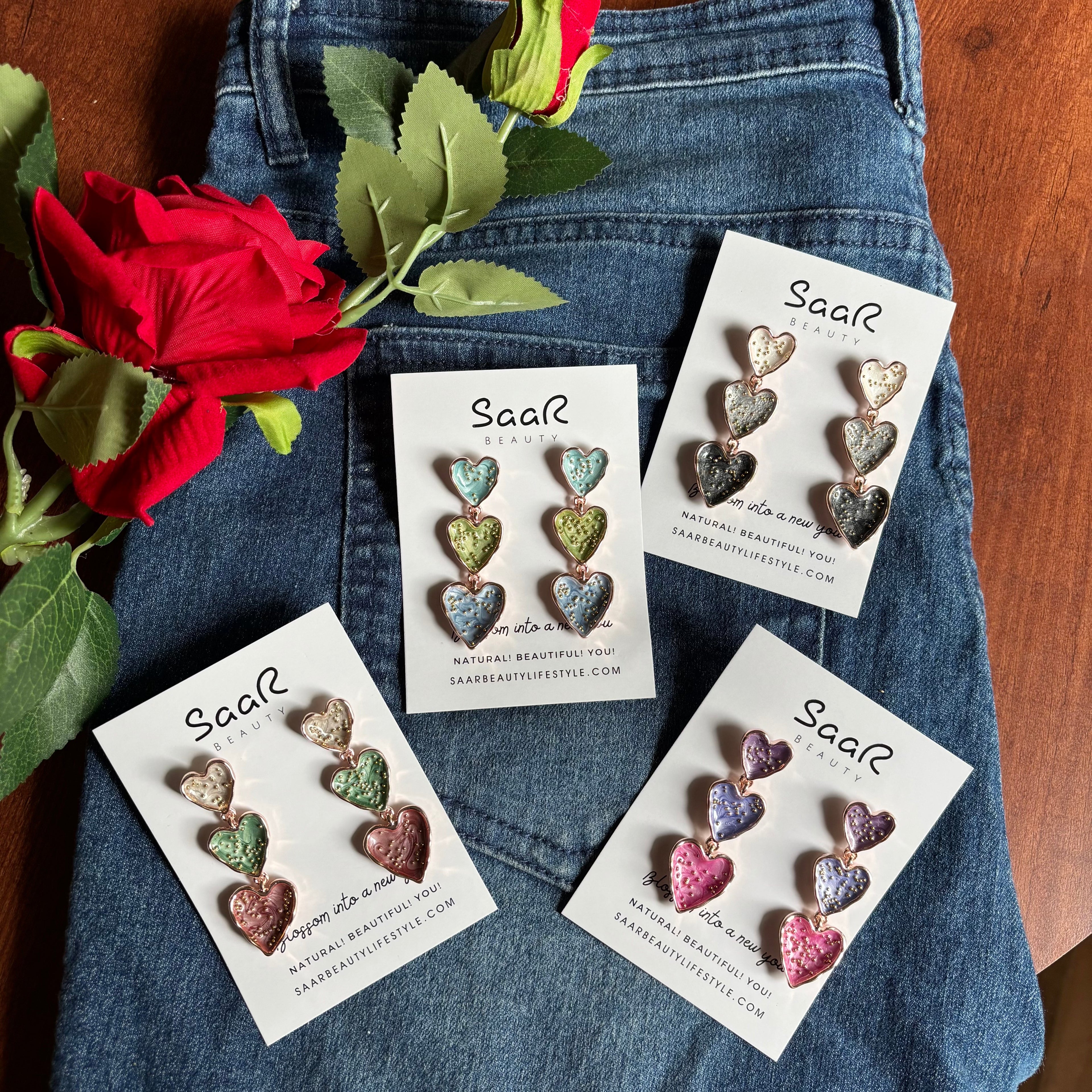 Saar Beauty Triple Heart Drop Earrings โ Stylish Statement Design