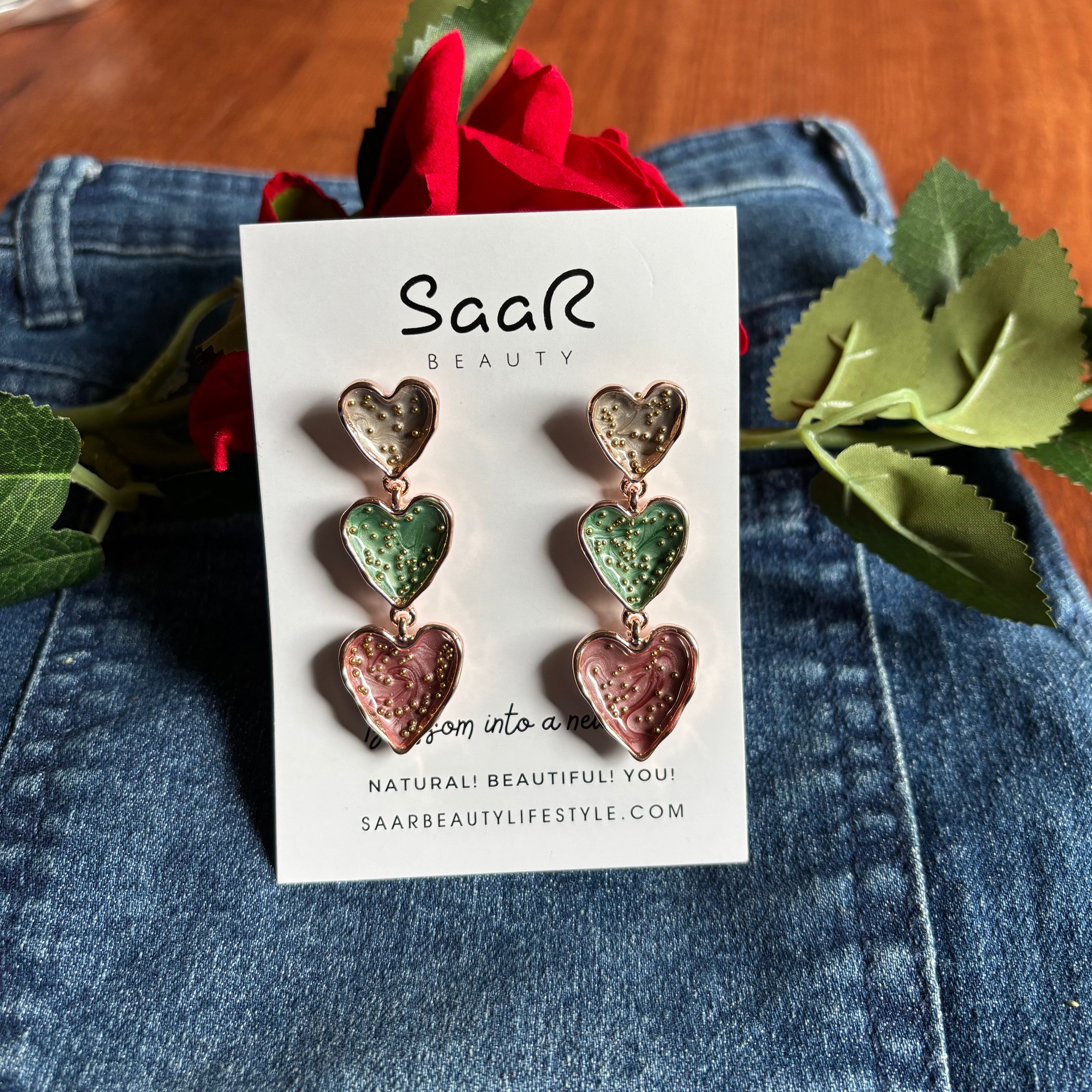 Saar Beauty Triple Heart Drop Earrings โ Stylish Statement Design