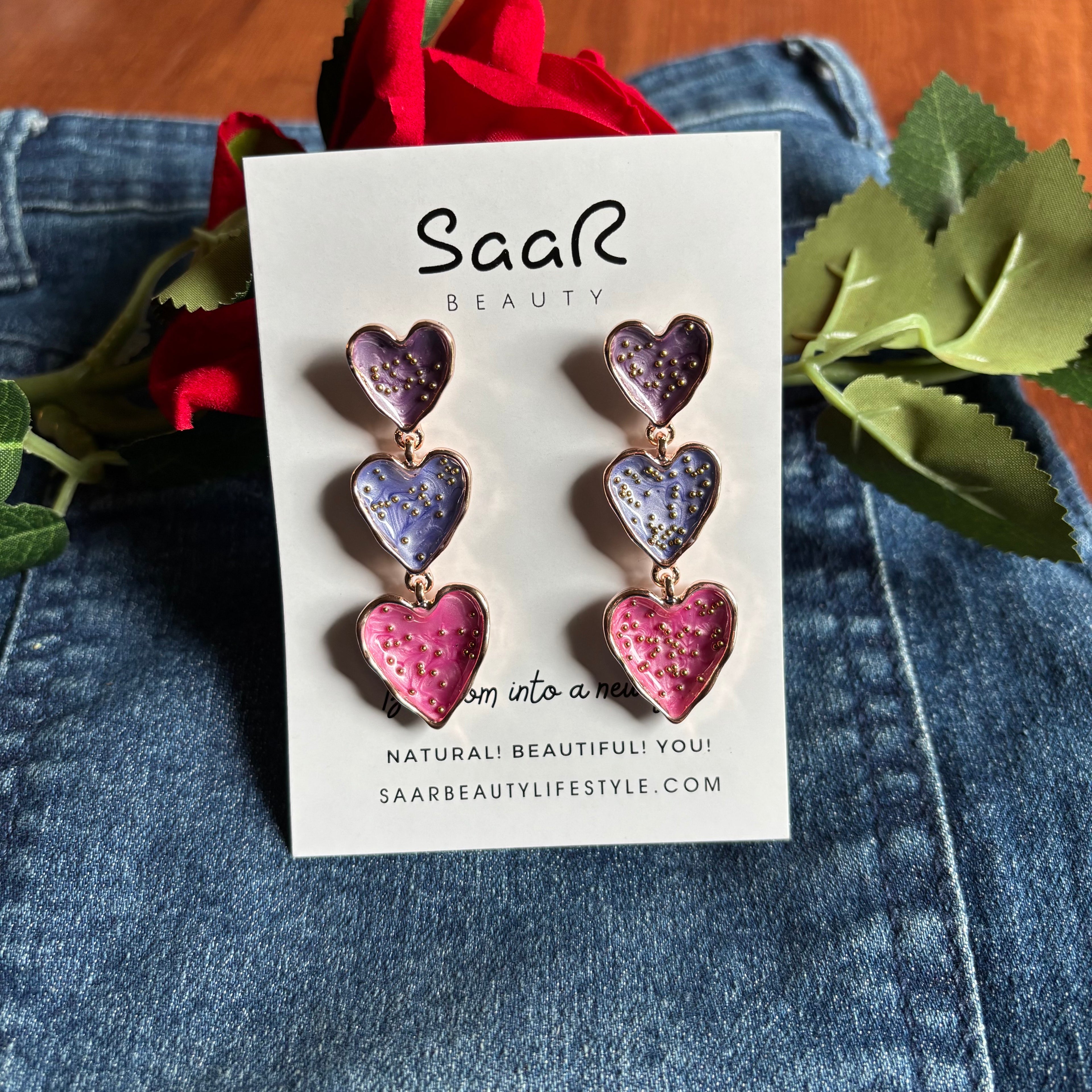 Saar Beauty Triple Heart Drop Earrings โ Stylish Statement Design