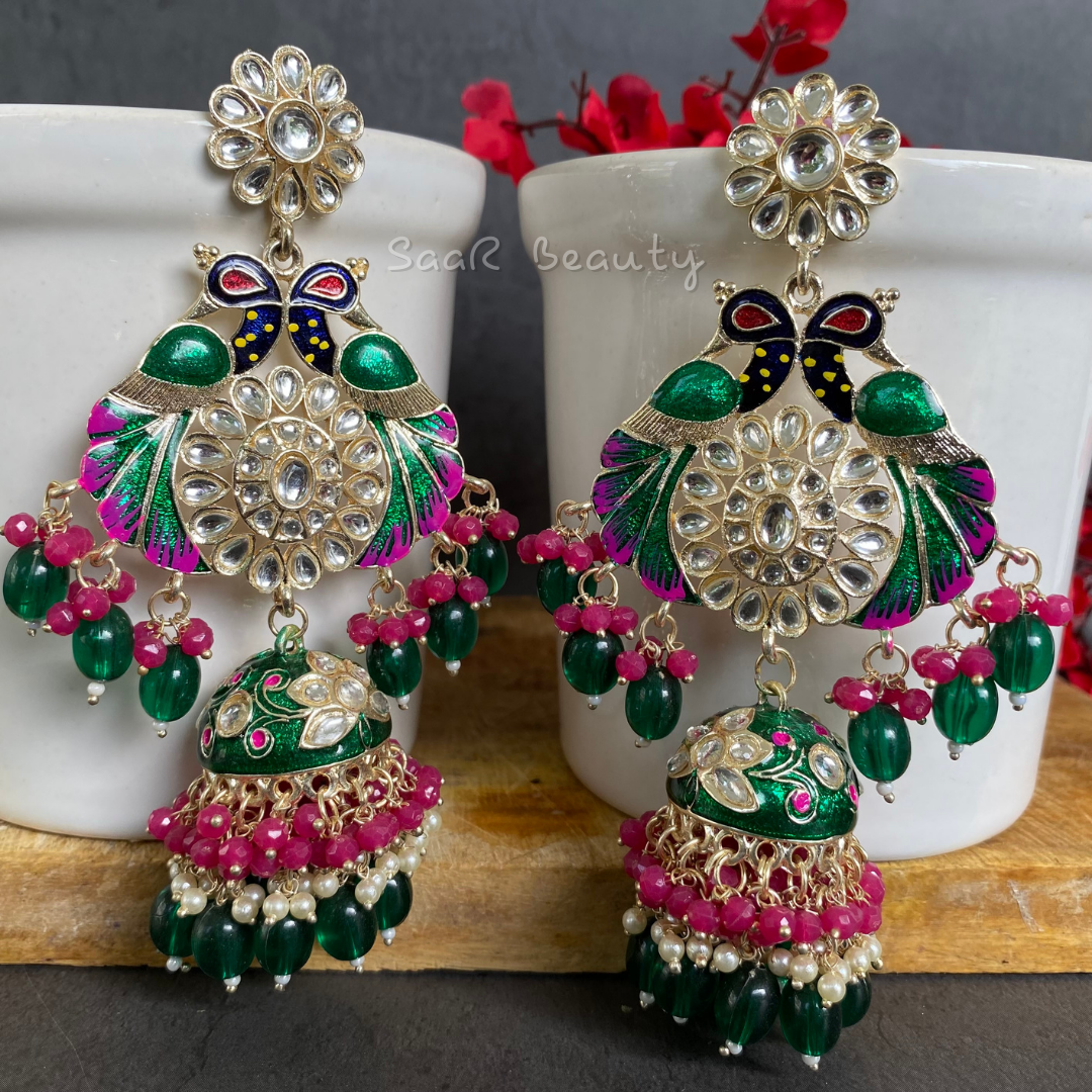 MEENAKARI VISHNU PRIYA LARGE JHUMKA EARRINGS - GREEN PINK