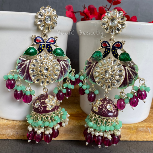 MEENAKARI VISHNU PRIYA LARGE JHUMKA EARRINGS - MAROON AQUA GREEN