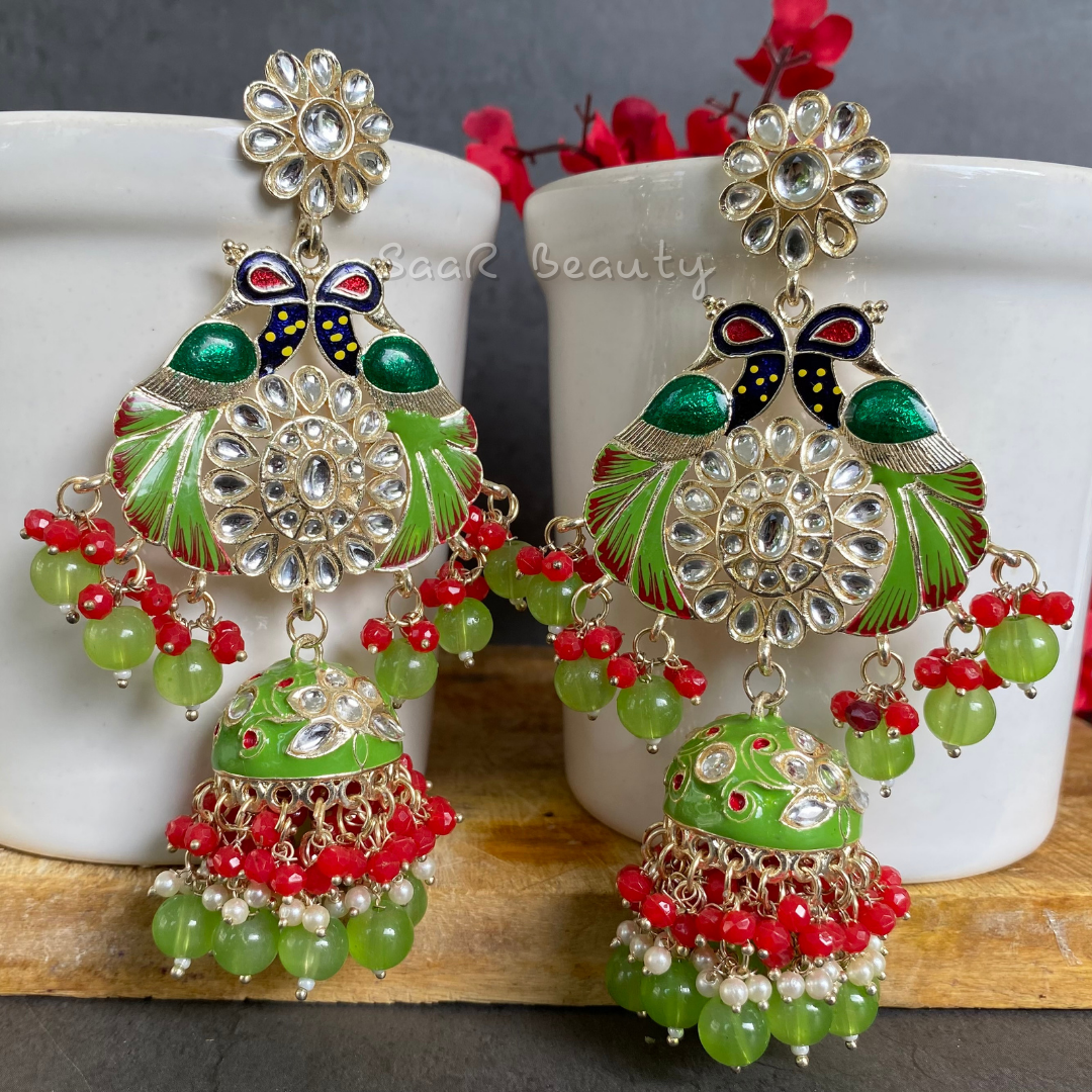 MEENAKARI VISHNU PRIYA LARGE JHUMKA EARRINGS - RED LEAFY GREEN