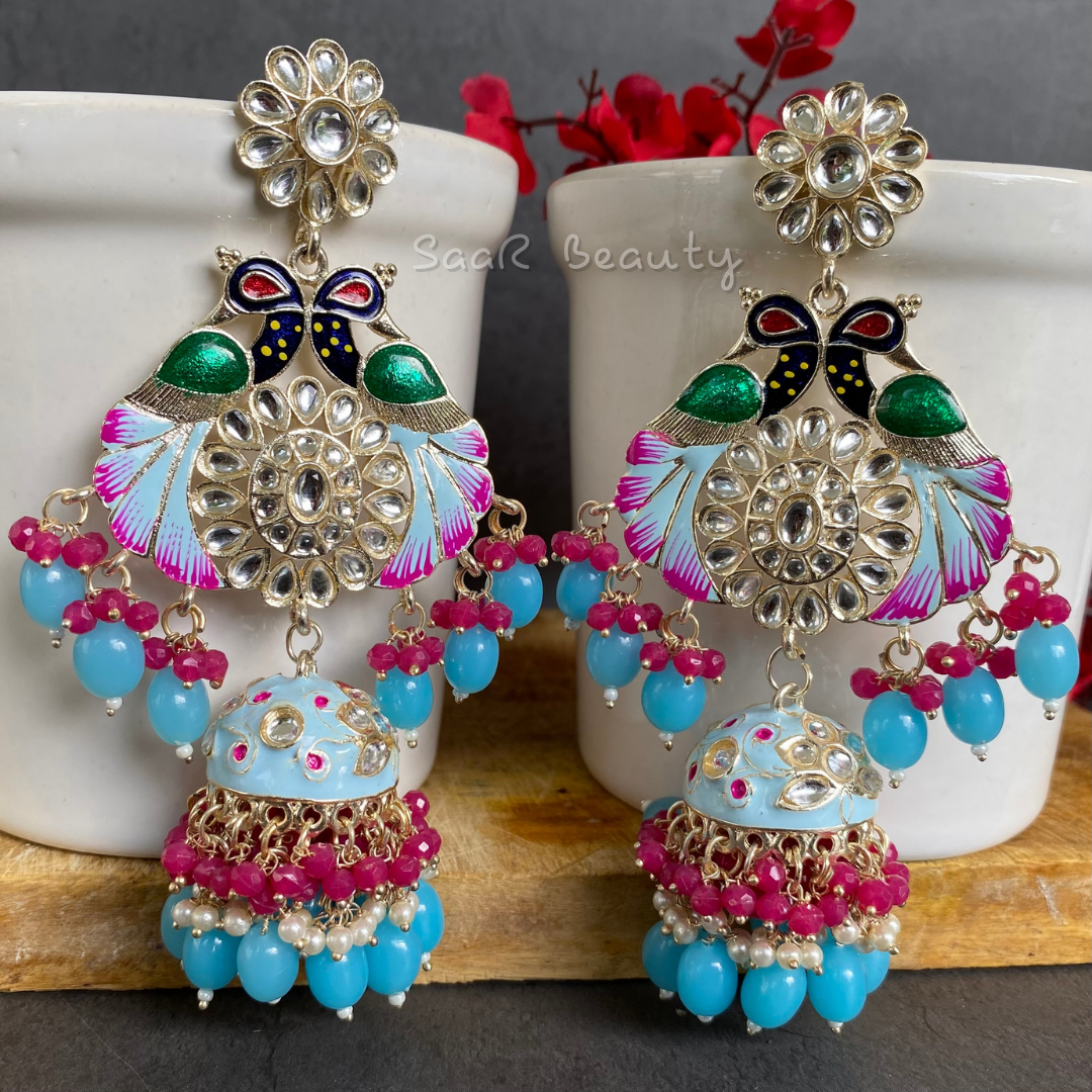 MEENAKARI VISHNU PRIYA LARGE JHUMKA EARRINGS - PINK SKY BLUE