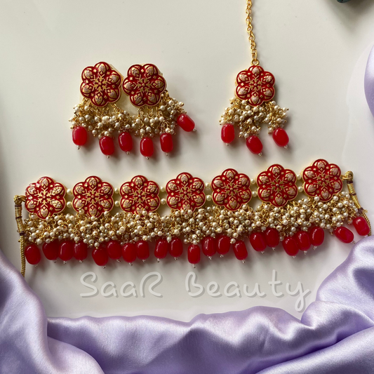 SOMYADATRI MEENAKARI MAANG TEEKA SET RED