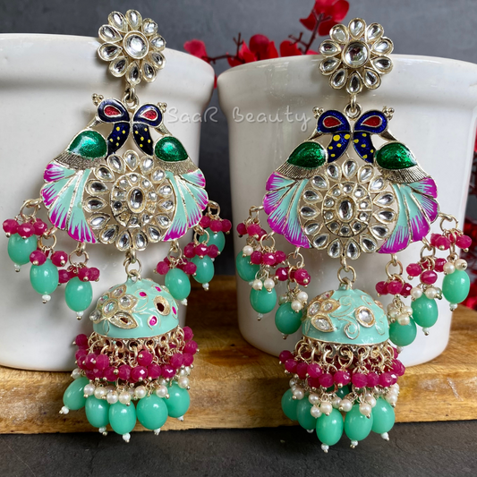 MEENAKARI VISHNU PRIYA LARGE JHUMKA EARRINGS - PINK AQUA GREEN