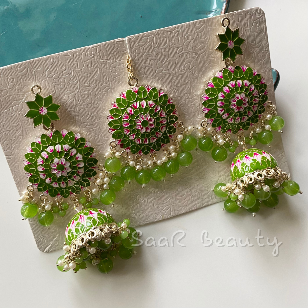 RAUDRA MEENAKARI EARRINGS MANG TEEKA SET LEAFY GREEN