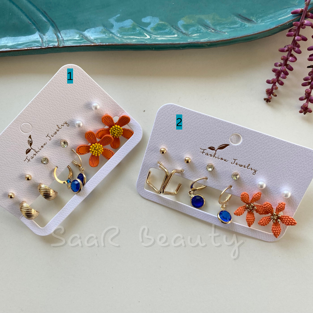 THE ORANGE TEXTURE CLASSY STUDS AND BLUE STONE HOOPS EARRINGS SET OF 6