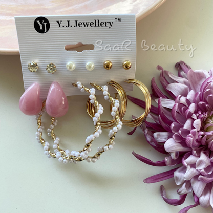 PAIR OF 6 HANDCRAFTED ROSE DROP STUDS AND GOLDEN HOOPS EARRINGS