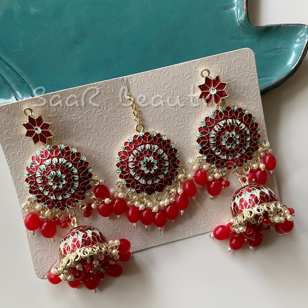 RAUDRA MEENAKARI EARRINGS MANG TEEKA SET MAROON RED