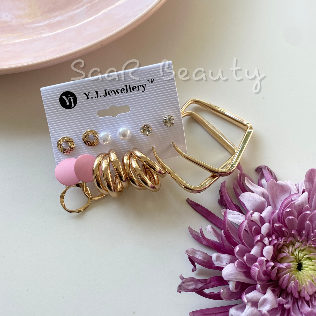 PAIR OF 6 PASTEL ROSE STUDS AND HEAVY GOLDEN HOOPS EARRINGS