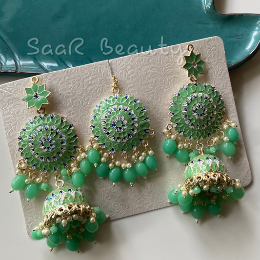 RAUDRA MEENAKARI EARRINGS MANG TEEKA SET AQUA GREEN