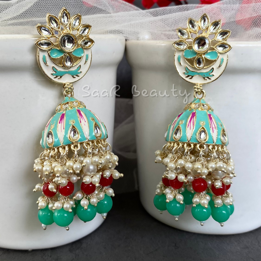 MEENAKARI VISHAKHA JHUMKA EARRINGS - AQUA GREEN