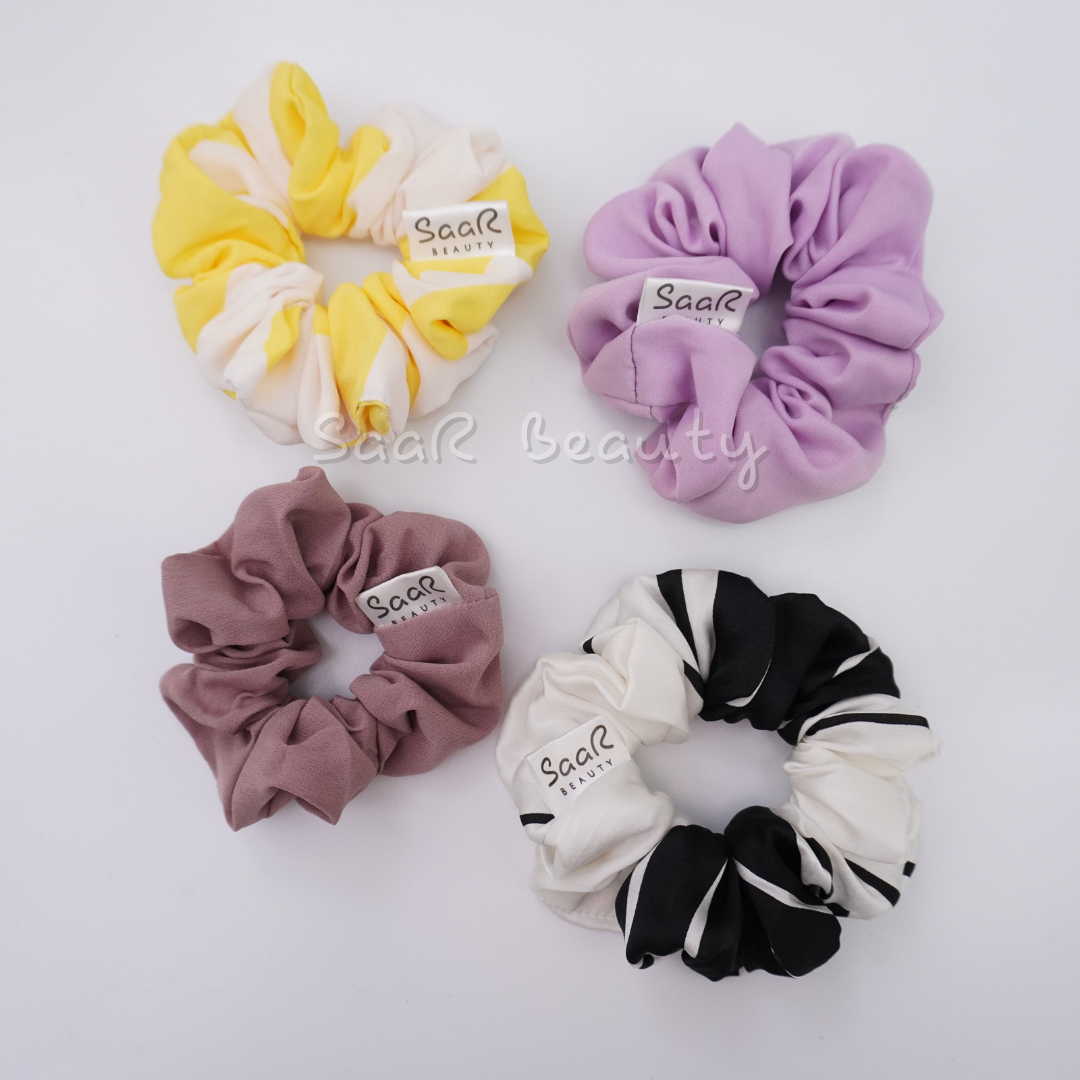 Soft Medium Scrunchies Combo of 4 – 2 Multicolor Printed & 2 Plain Scrunchies