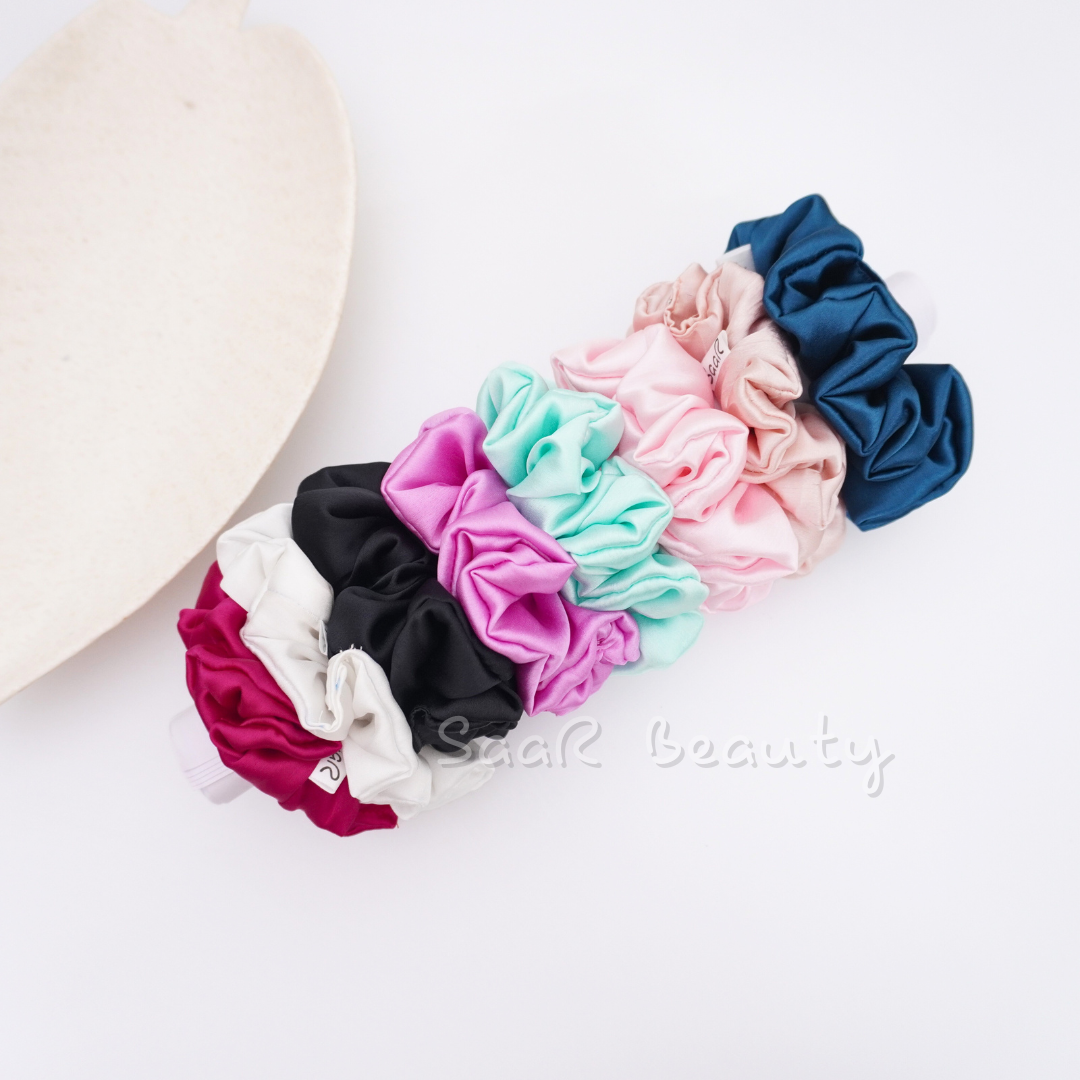 Japanese Silk Satin Scrunchie Combo with Hair Tight Saar Beauty Pouch – Perfect Hair Accessory Gift