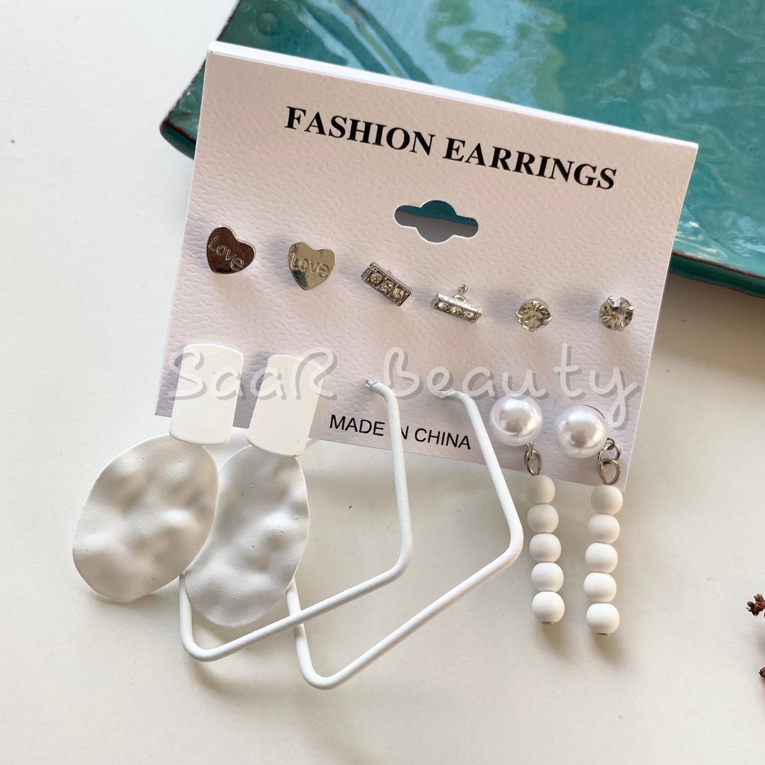 THE WHITE STUDS AND HOOPS EARRINGS PAIR OF 6