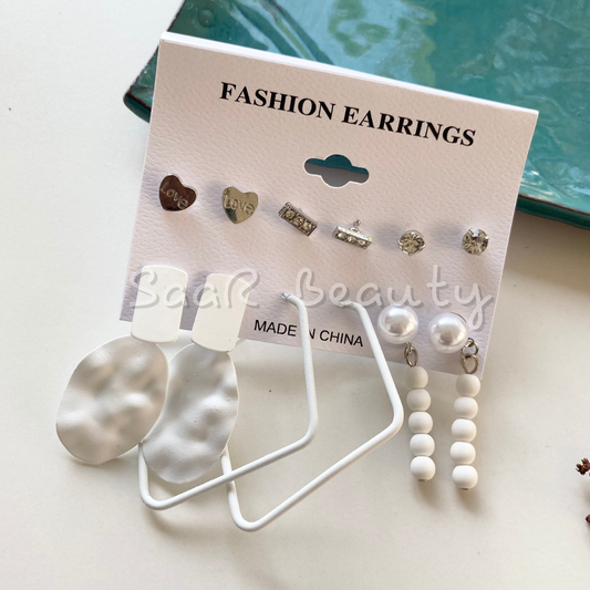 THE WHITE STUDS AND HOOPS EARRINGS PAIR OF 6