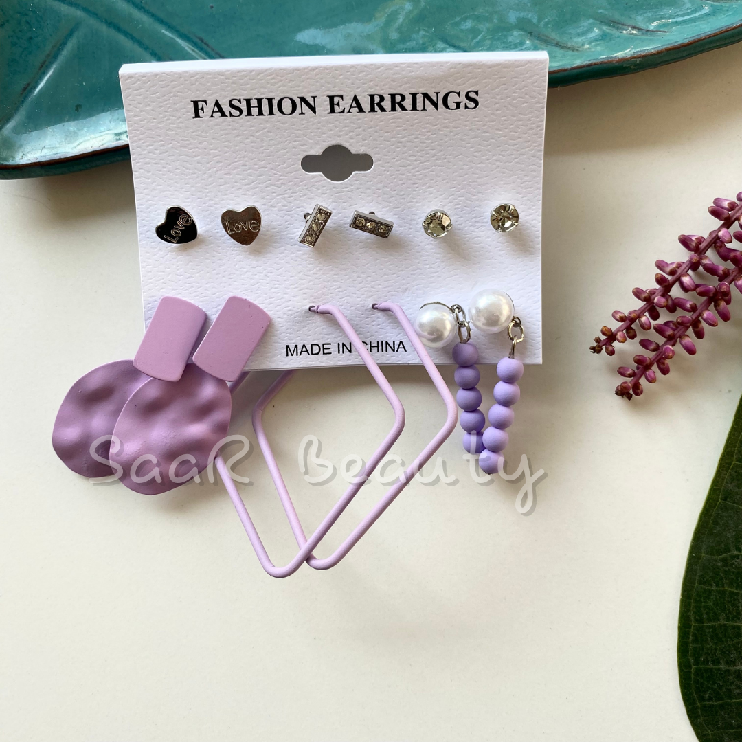 THE LAVENDER STUDS AND HOOPS EARRINGS PAIR OF 6