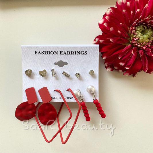 THE RED STUDS AND HOOPS EARRINGS PAIR OF 6