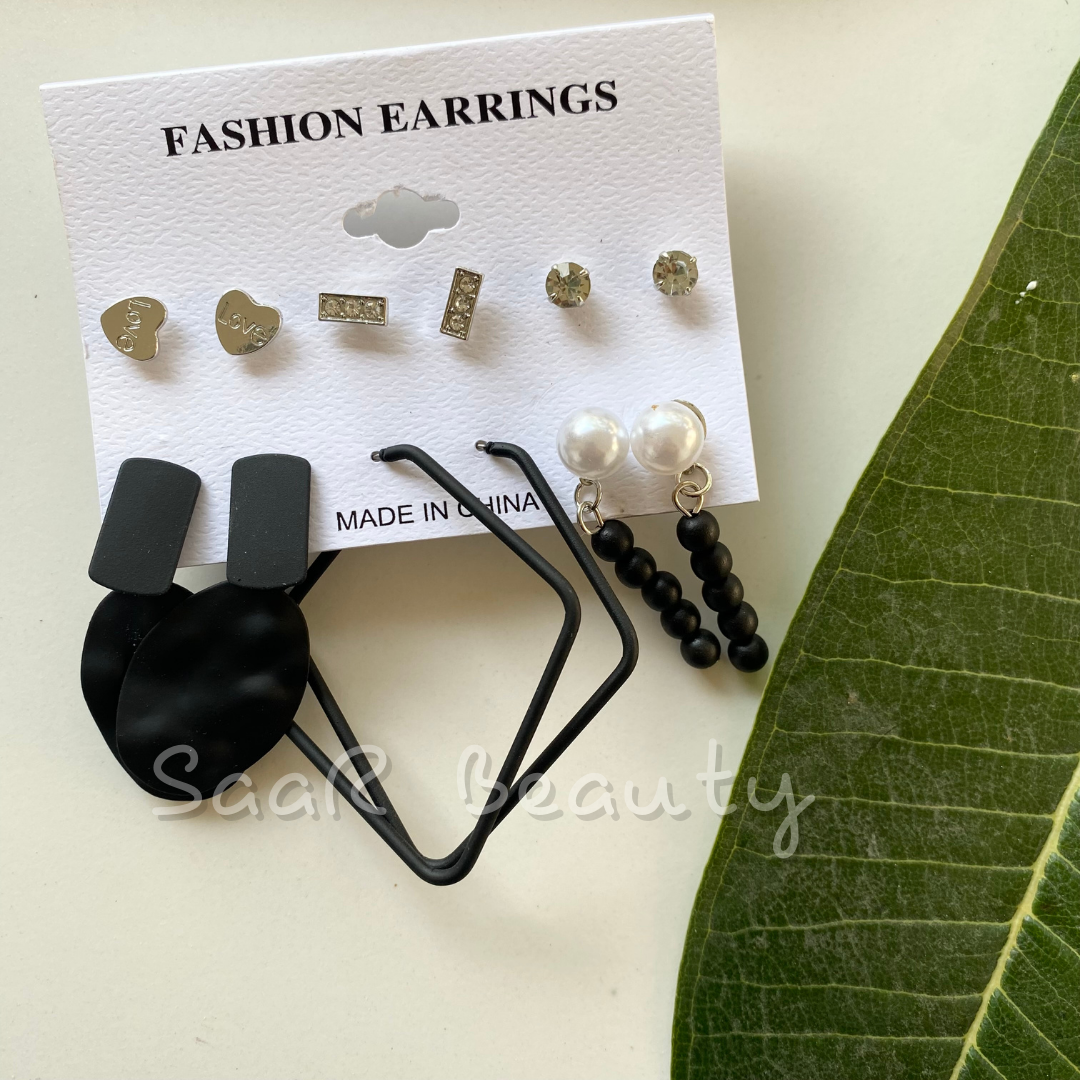 THE BLACK STUDS AND HOOPS EARRINGS PAIR OF 6