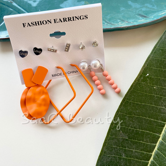 THE ORANGE STUDS AND HOOPS EARRINGS PAIR OF 6