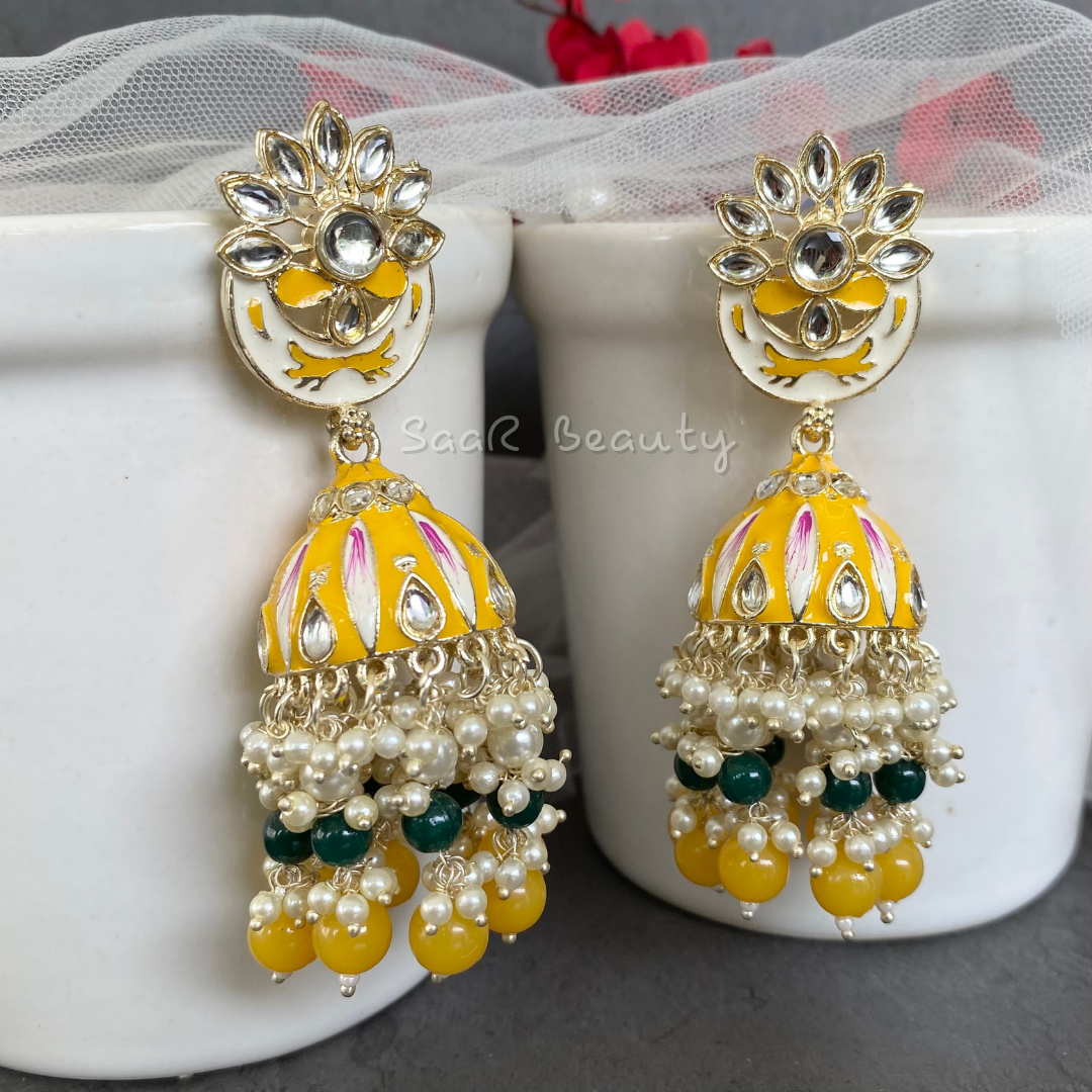 MEENAKARI VISHAKHA JHUMKA EARRINGS - YELLOW